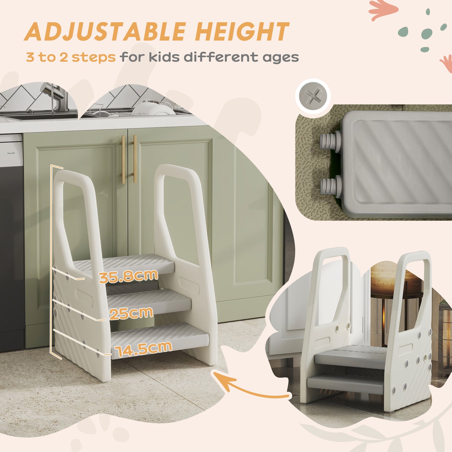 AIYAPLAY Adjustable 3 Step Toddler Tower With Handles Non Slip Surface And Foot Pads Grey