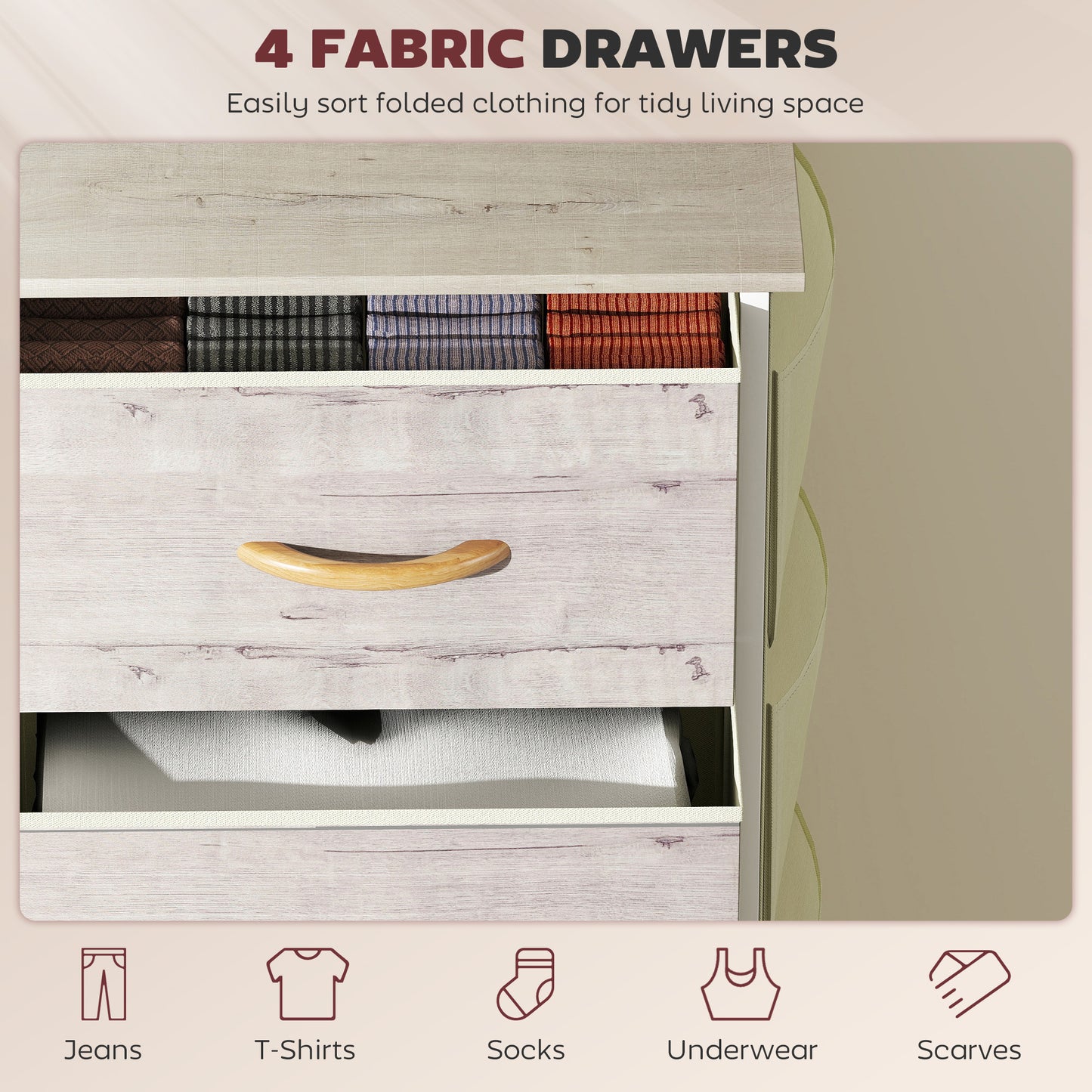 HOMCOM Four Drawer Fabric Chest With Steel Frame Side Pockets And Bedroom Storage Hooks