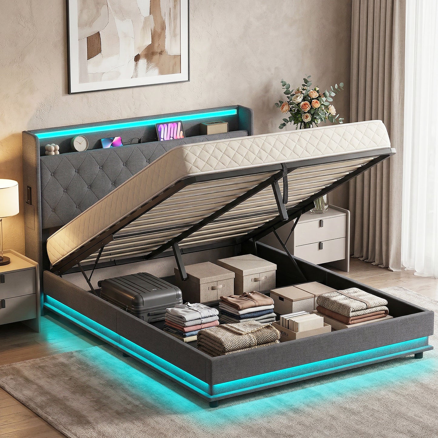 HOMCOM 5ft King Bed Frame With Hydraulic Storage Headboard LED Lights And Charging Station Grey