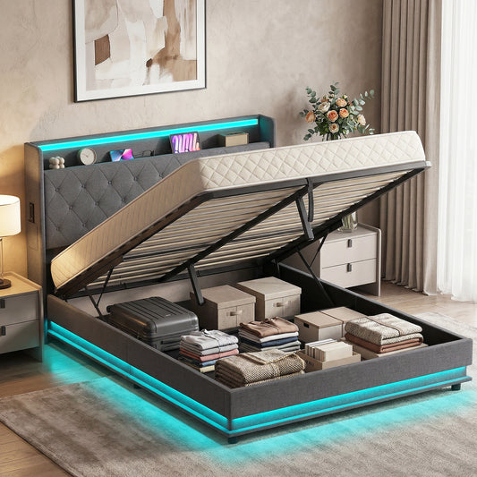 HOMCOM 5ft King Bed Frame With Hydraulic Storage Headboard LED Lights And Charging Station Grey