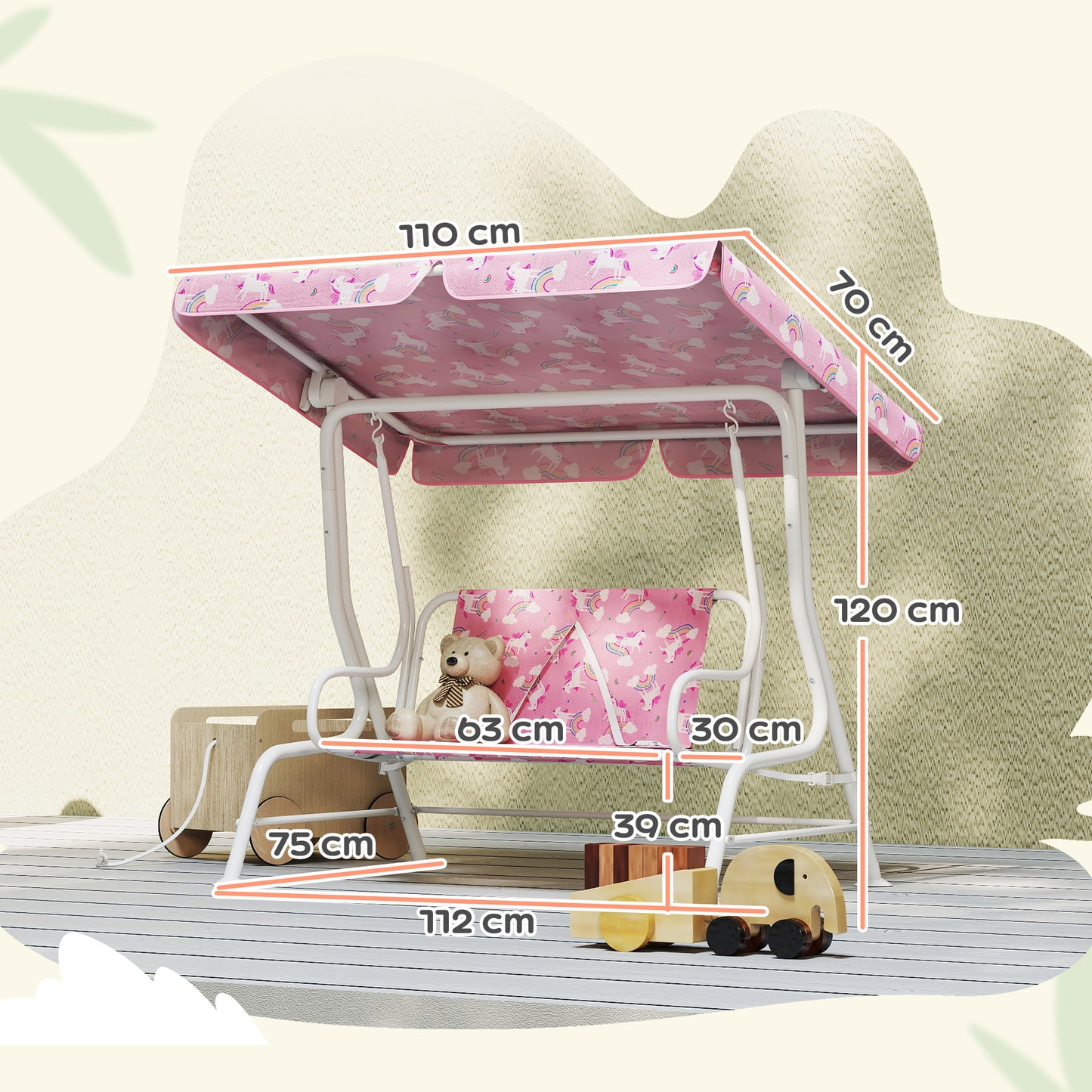 AIYAPLAY Pink 2 Seater Kids Porch Swing with Adjustable Canopy Garden Patio Hammock and Seat Belts Safari Animal Design