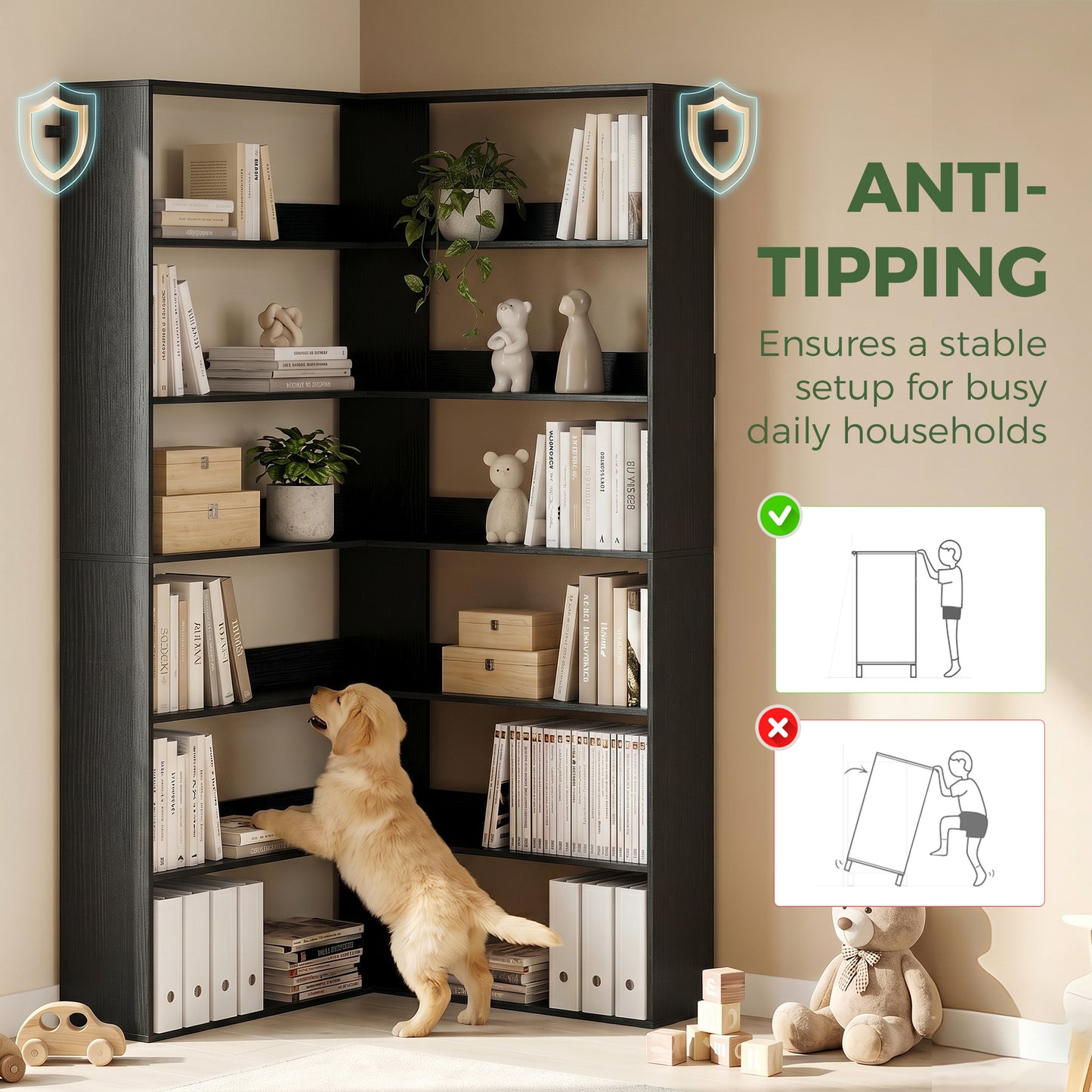 HOMCOM 7 Tier L Shaped Corner Bookshelf with Anti Slip Rear Guard Black Wood Effect 180 Cm Tall