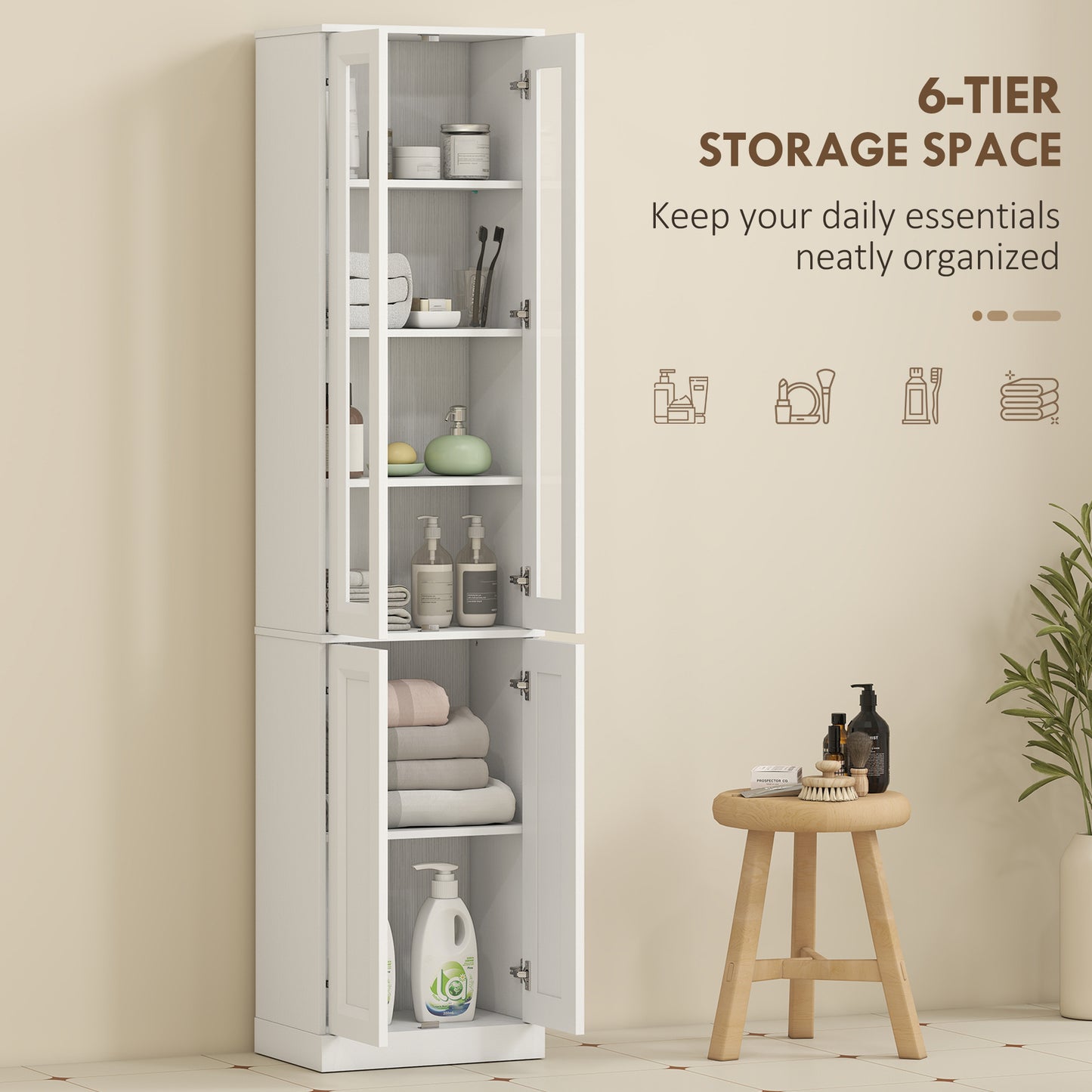 HOMCOM Tall Bathroom Storage Cabinet Six Tier Slim Design With Adjustable Shelf Four Soft Close Doors White