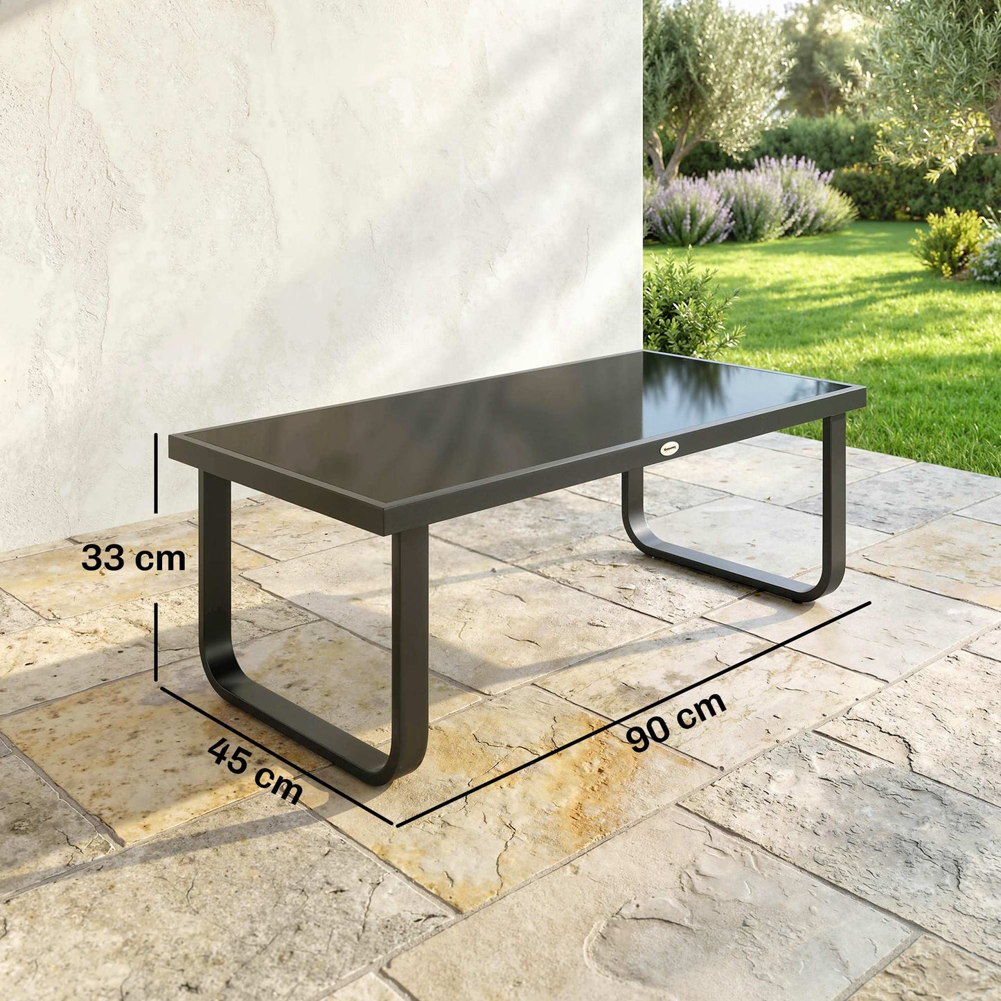 Outsunny Outdoor Garden Coffee Table With Rectangular Metal Frame Tempered Glass Top And Adjustable Foot Pads