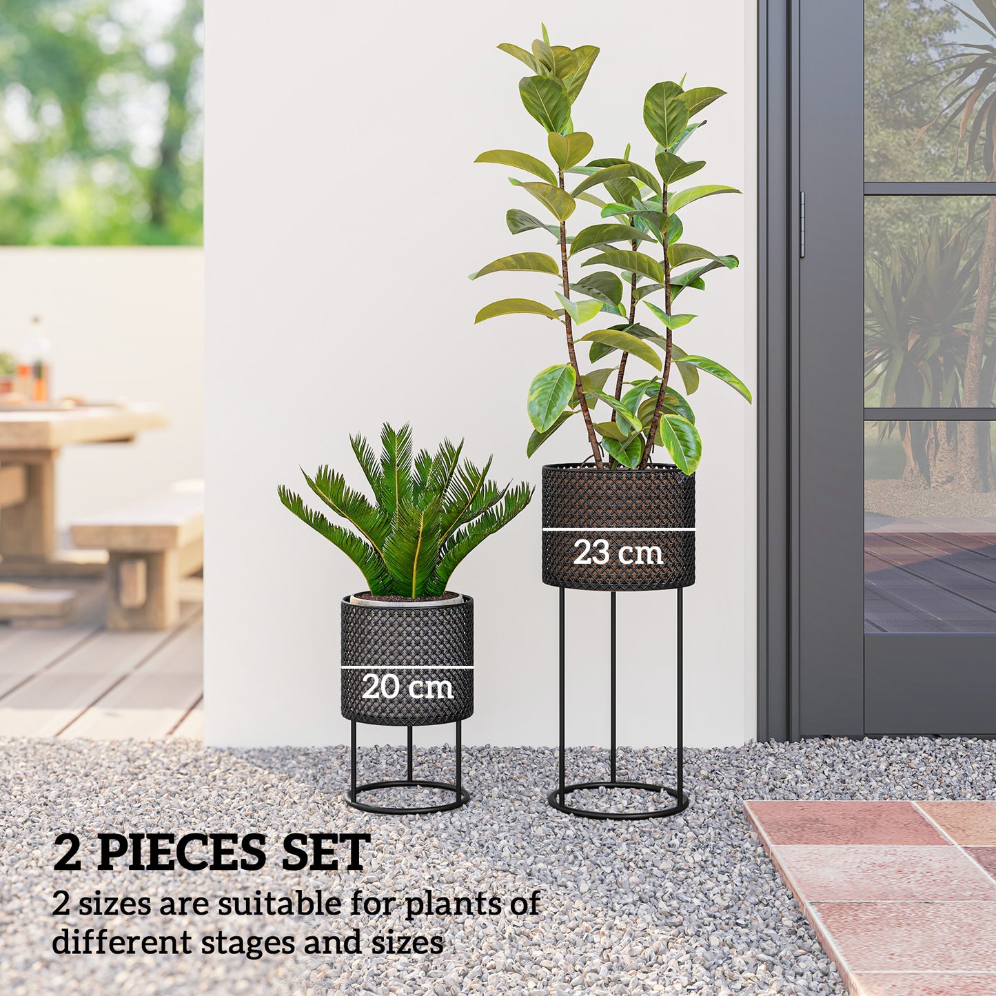 Outsunny Metal Plant Pots Set Of 2 With Hollow Design Flower Planters For Garden Balcony Black