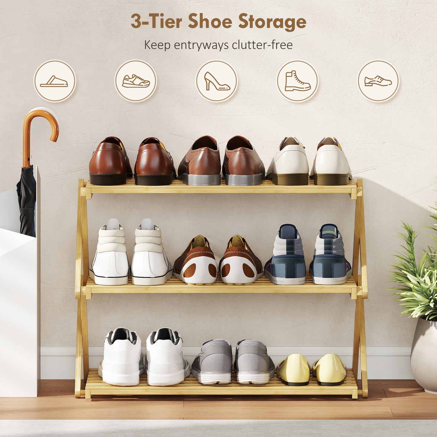 HOMCOM Three Tier Folding Bamboo Shoe Rack Natural Finish Holds Up To Nine Pairs Of Shoes And Boots