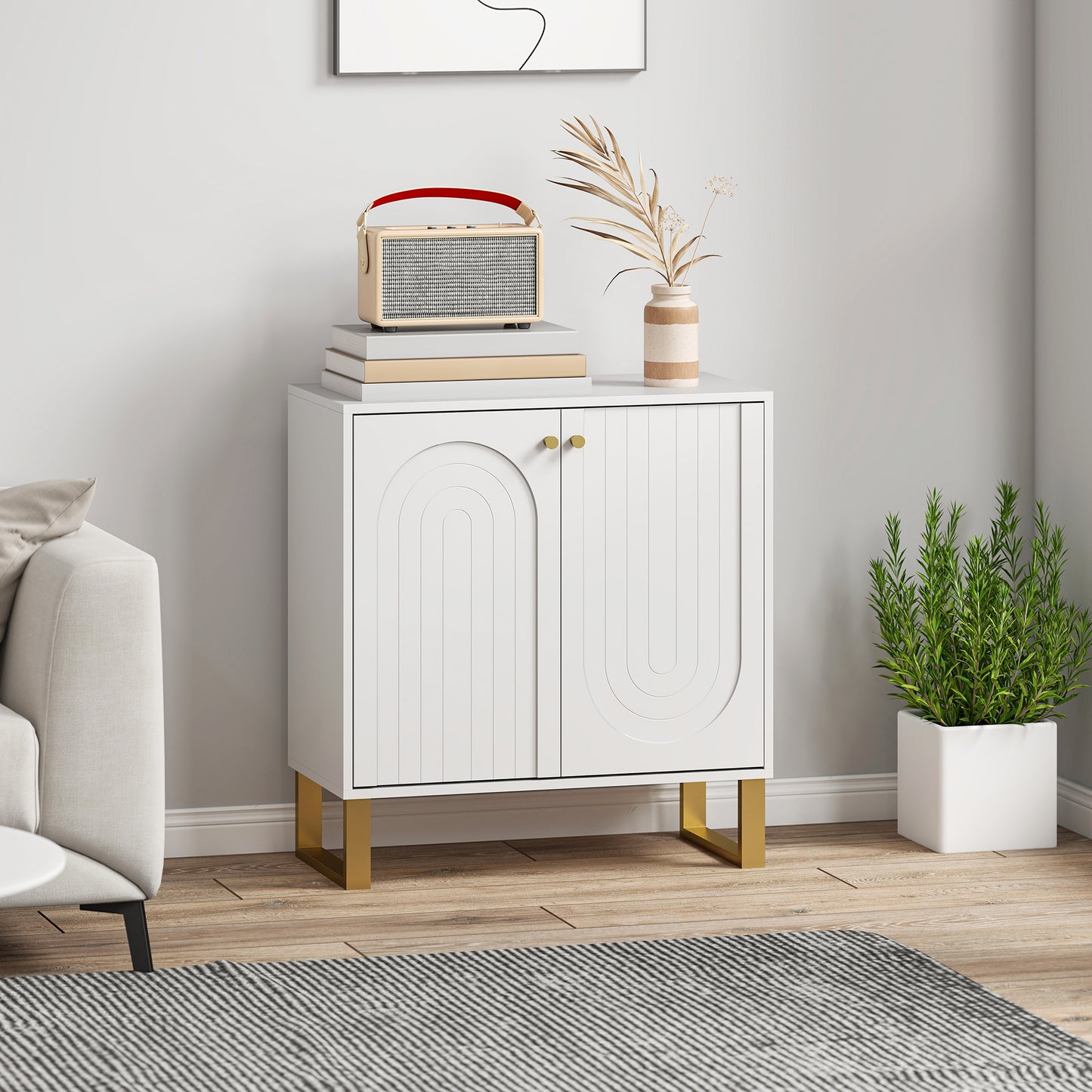 HOMCOM 2 Door Sideboard Storage Cabinet White Adjustable Three Level Shelf Arched Doors And Golden Accents Living Room