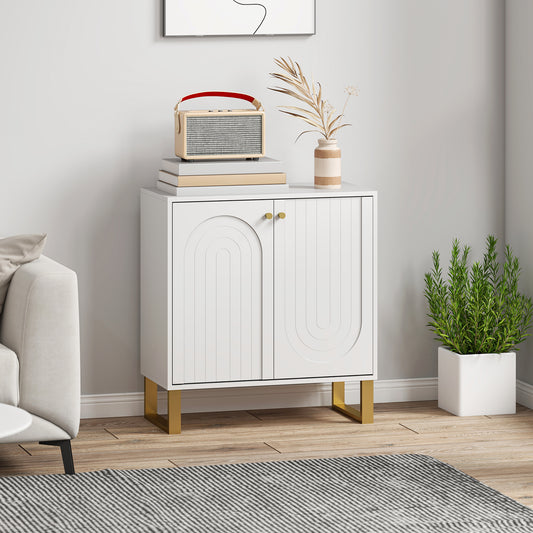 HOMCOM 2 Door Sideboard Storage Cabinet White Adjustable Three Level Shelf Arched Doors And Golden Accents Living Room