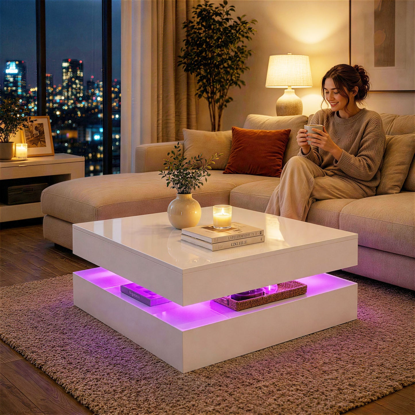 HOMCOM LED Coffee Table With Storage And RGB Lighting, 2-Tier Modern Centre Table With Open Shelf, Remote