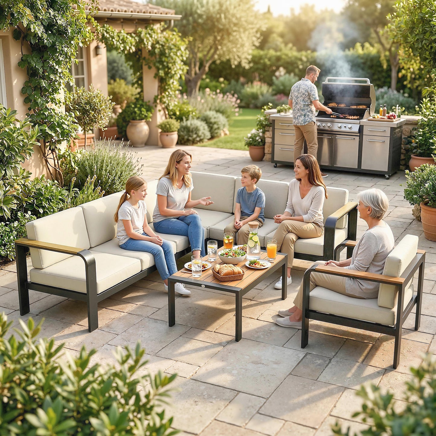 Outsunny 3 Pieces Garden Furniture Set With L-Shaped Sofa, Armchair And Coffee Table Aluminium Outdoor Corner Sofa Set