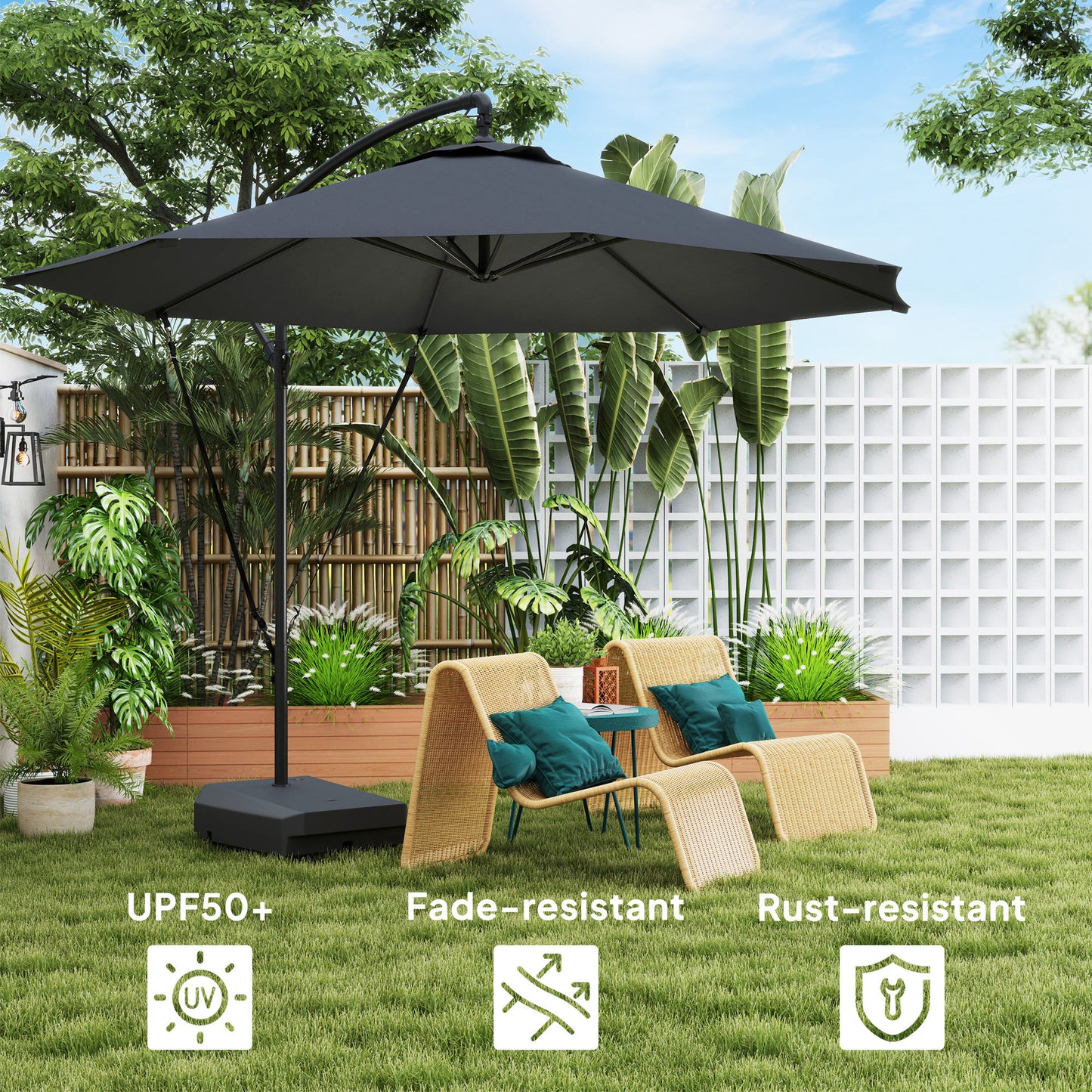 Outsunny 3M Cantilever Garden Parasol With 90kg Fillable Base Wind Straps Cover Crank Tilt UPF50 Grey
