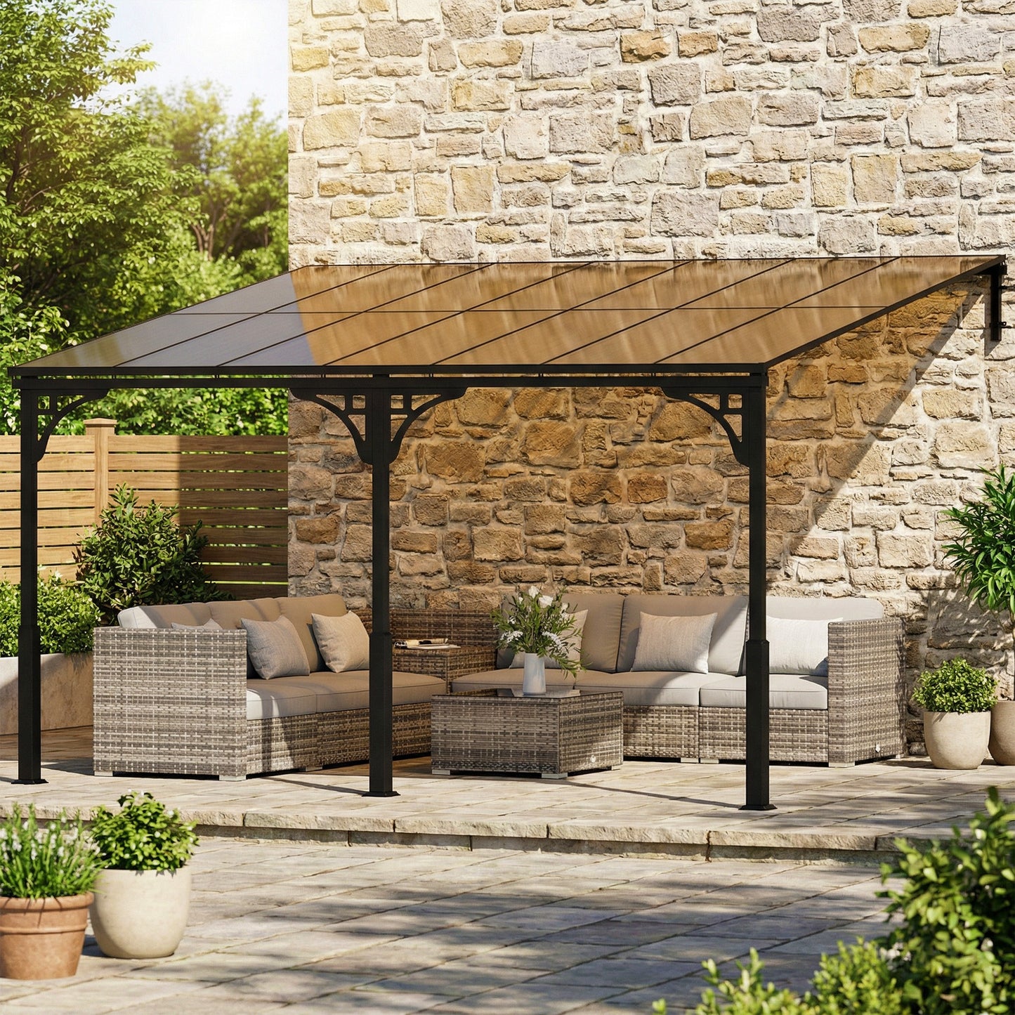 Outsunny 4 x 3 m Wall Mounted Lean To Pergola with Polycarbonate Roof and Aluminium Frame Brown Outdoor Patio Gazebo