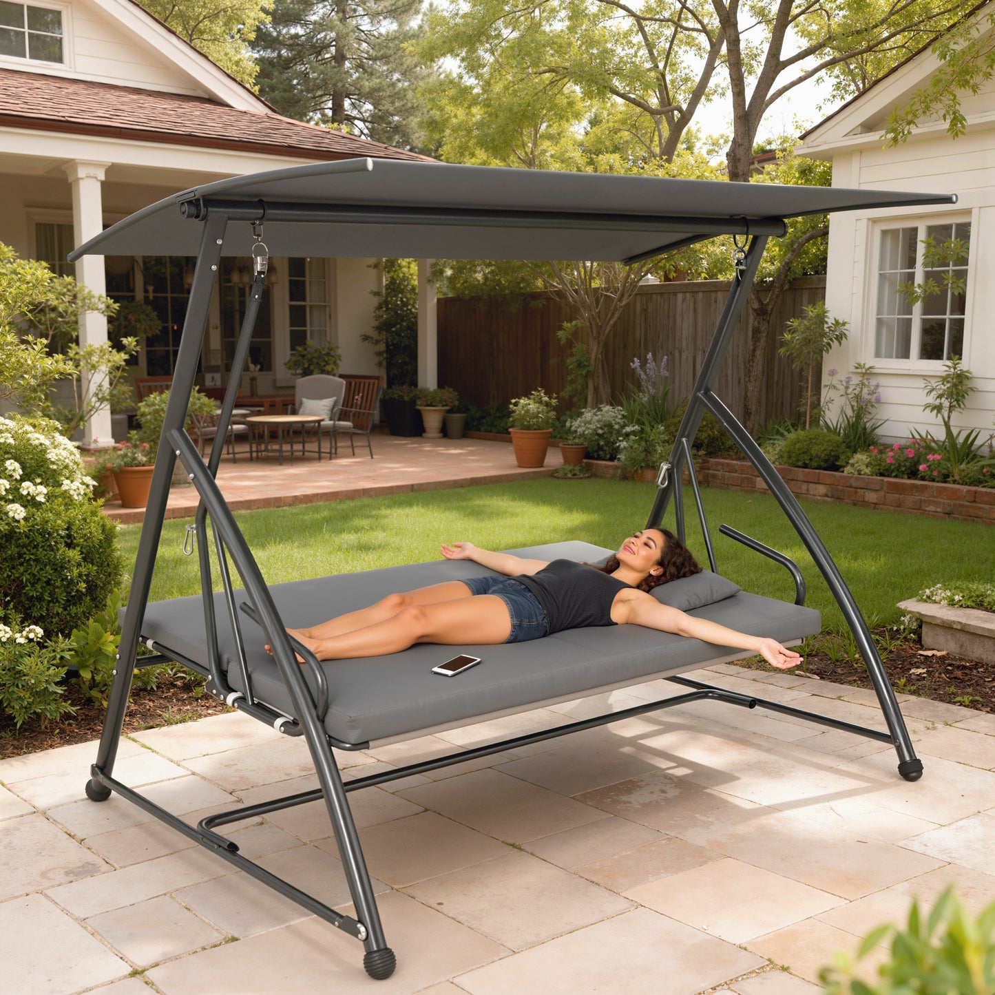 Outsunny Outdoor 2 In 1 Swing Chair Lounger 3 Seater Garden Swing Bed Convertible With Canopy Cushion Dark Grey