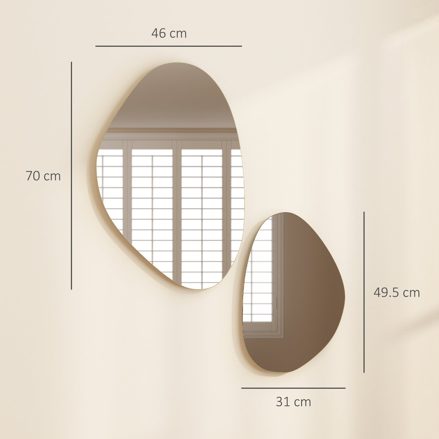 HOMCOM Pebble Shaped Wall Mirror Set Of 2 Gold Tone For Living Room Decor And Modern Wall Accent