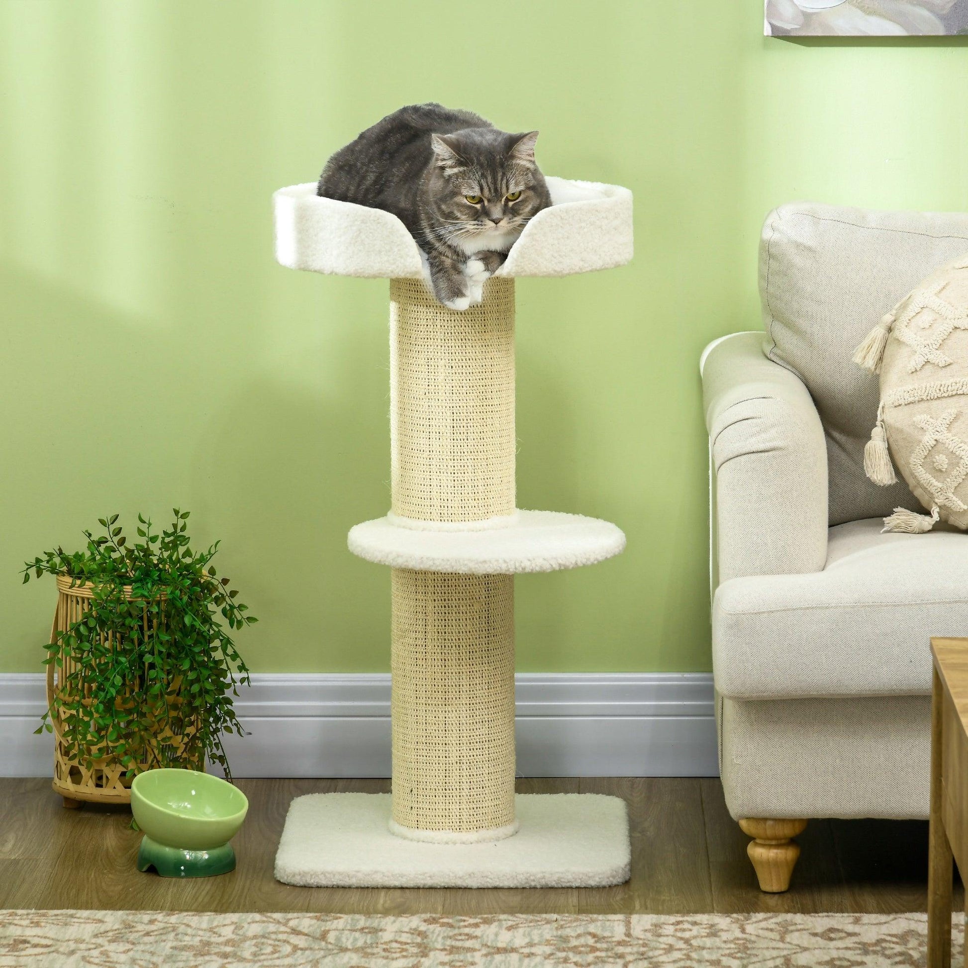 PawHut 2 Tier Sisal Sherpa Cat Tree with Basket Cushion Sisal Post Cream White - ALL4U RETAILER LTD