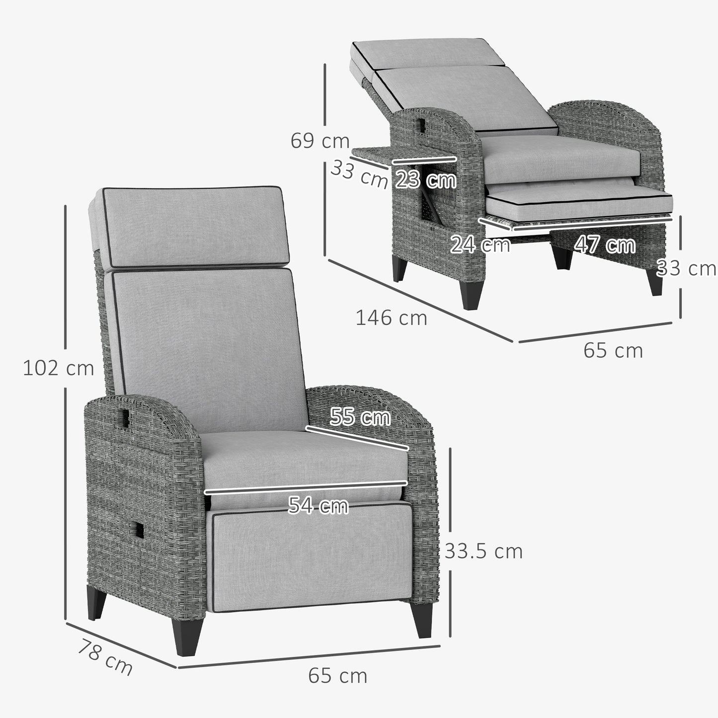 Outsunny Outdoor Recliner Chair With Adjustable Backrest And Footrest Cushion And Side Tray Light Grey