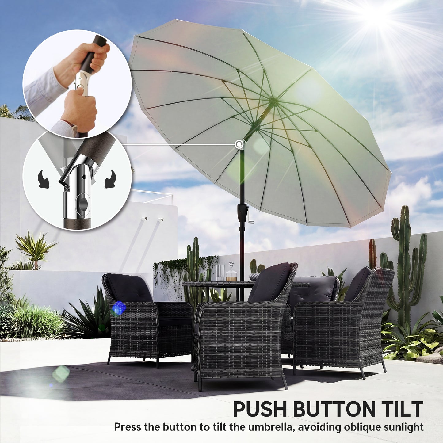 Outsunny 2 Meter Shanghai Garden Parasol Umbrella With 16 Fibreglass Ribs And Crank Tilt UPF30 Plus Light Grey