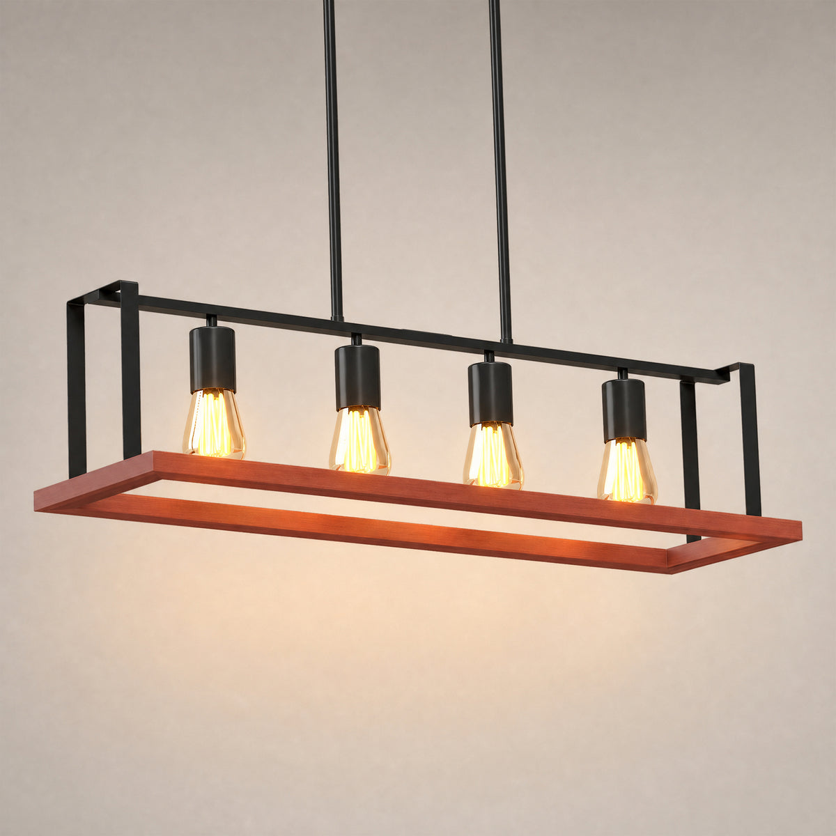 Black rectangular pendant light bar with four exposed bulbs and a wood mounting panel