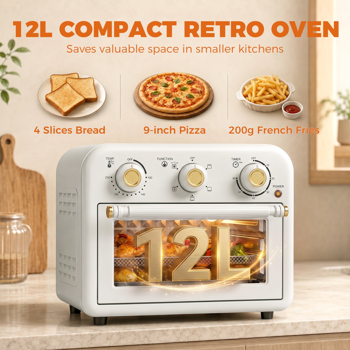 HOMCOM 12 L Air Fryer Toaster Oven With Convection, Adjustable Temperature And Timer, Cream White Countertop Oven