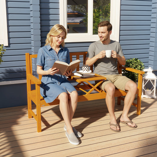 Outsunny Wooden Bench With Liftable Middle Table Outdoor Garden Loveseat For Patio And Porch Seats Two To Three