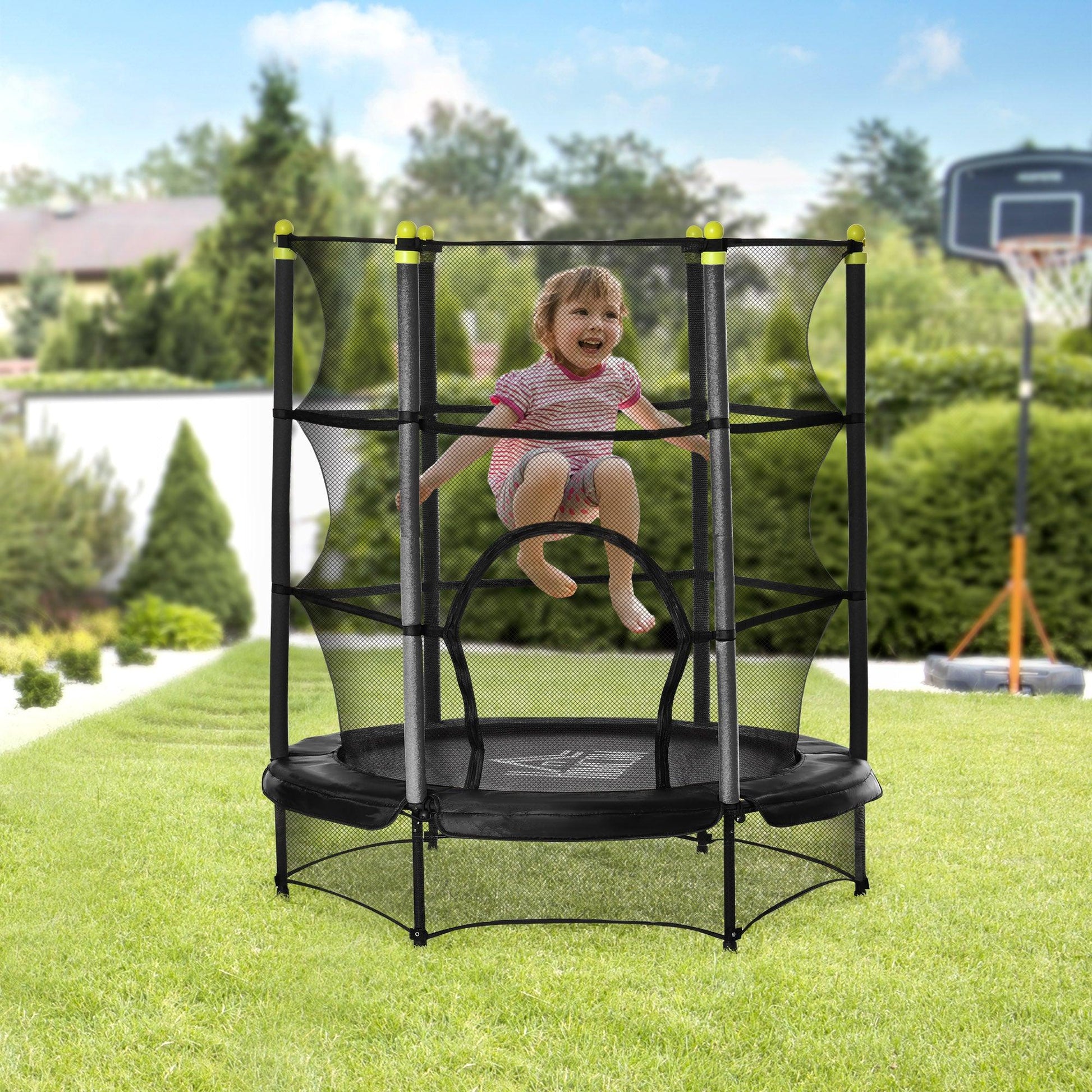 HOMCOM 5.2FT Kids Trampoline with Safety Enclosure, Indoor Outdoor - Black - ALL4U RETAILER LTD