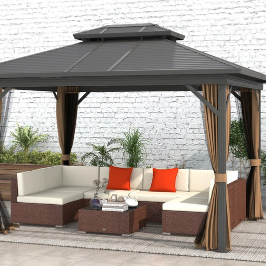 Outsunny 7-Piece PE Rattan Garden Furniture Set - Patio Corner Sofa Sets with Thick Padded Cushion, Glass Coffee Table, Pillows, and Buckle Structure - Mixed Brown