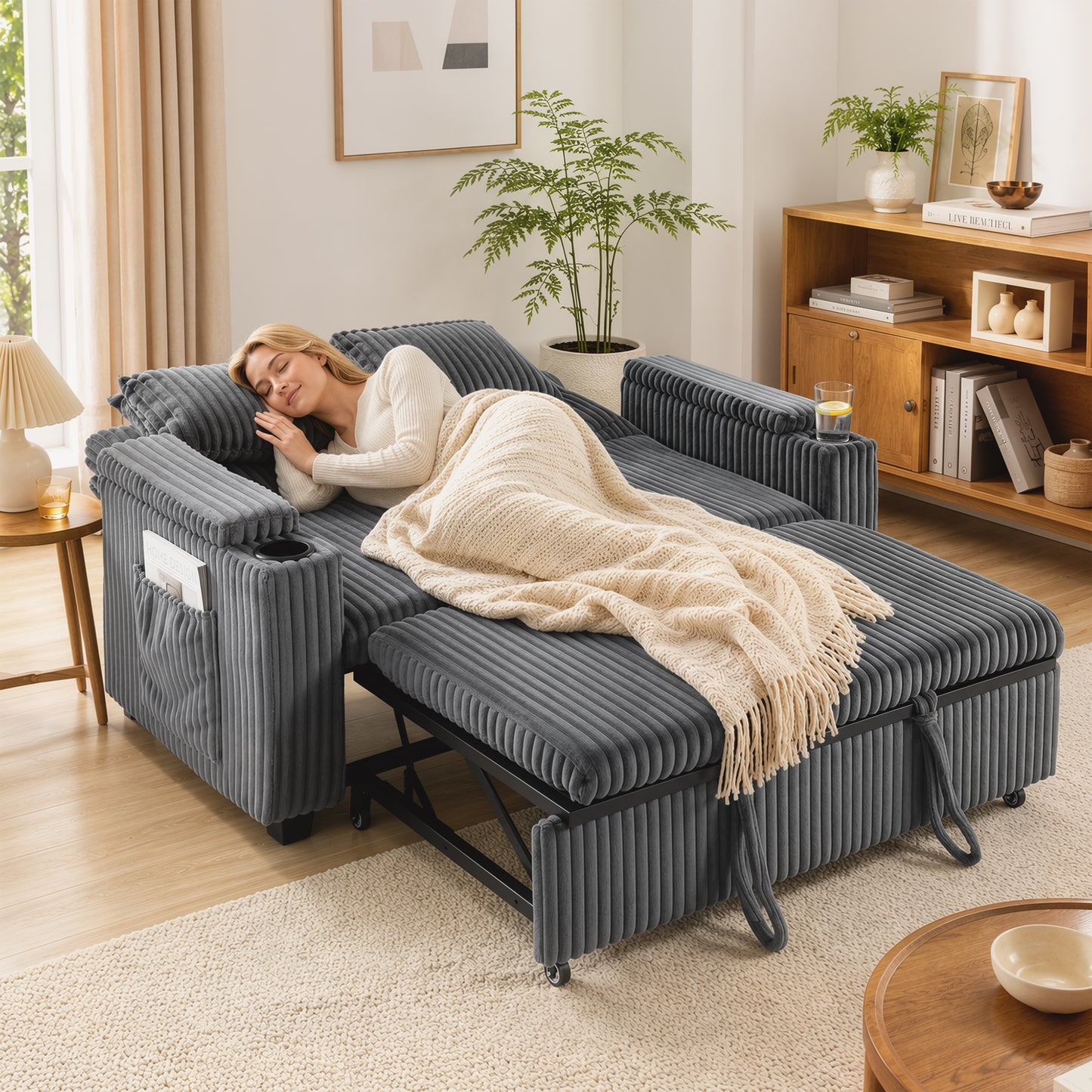 HOMCOM 2 Seater Sofa Bed Pull Out Sleeper With Adjustable Backrest And Storage