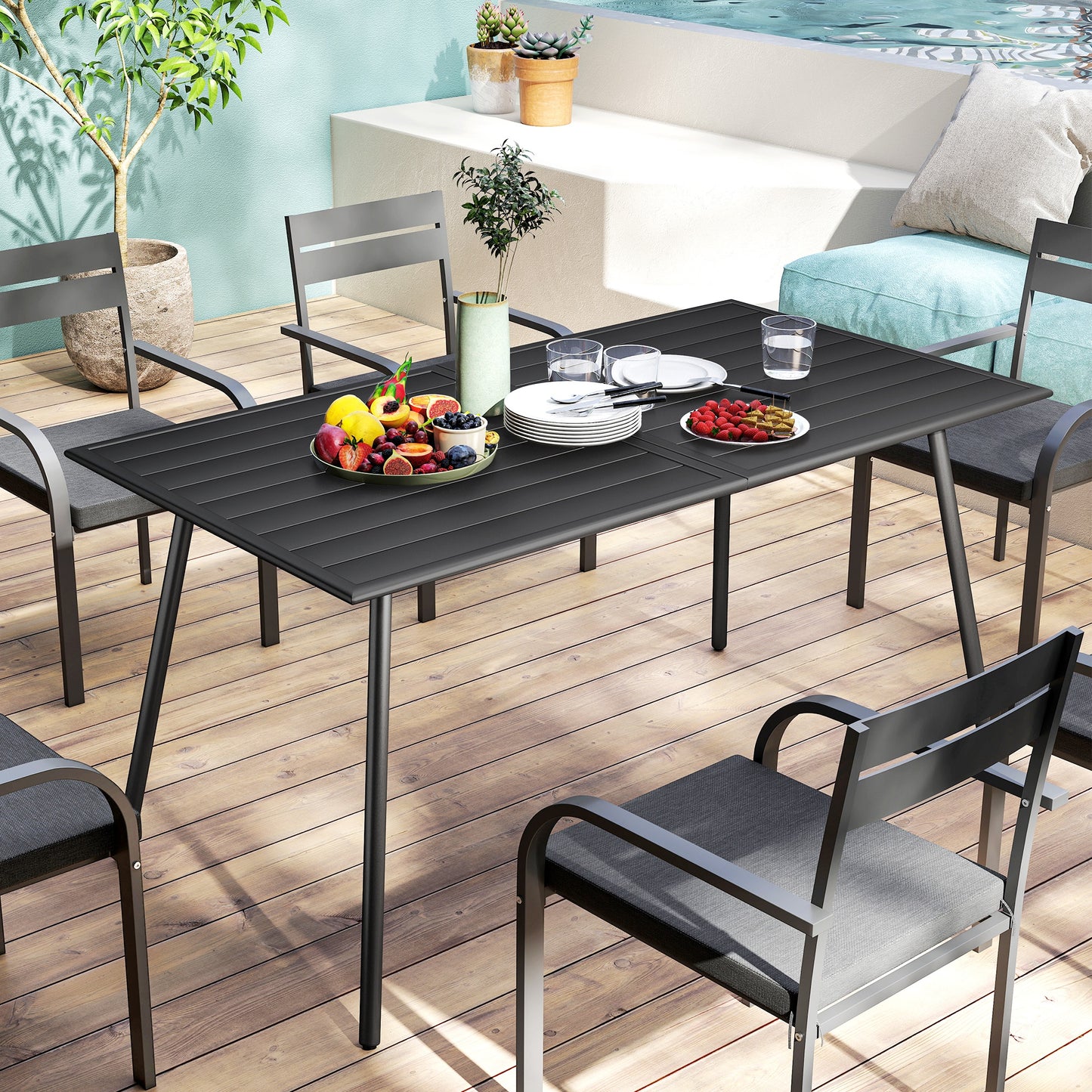 Outsunny Rectangle Garden Table With Slat Top And Steel Frame For Outdoor Use Seats 6 150x80x74 cm Black