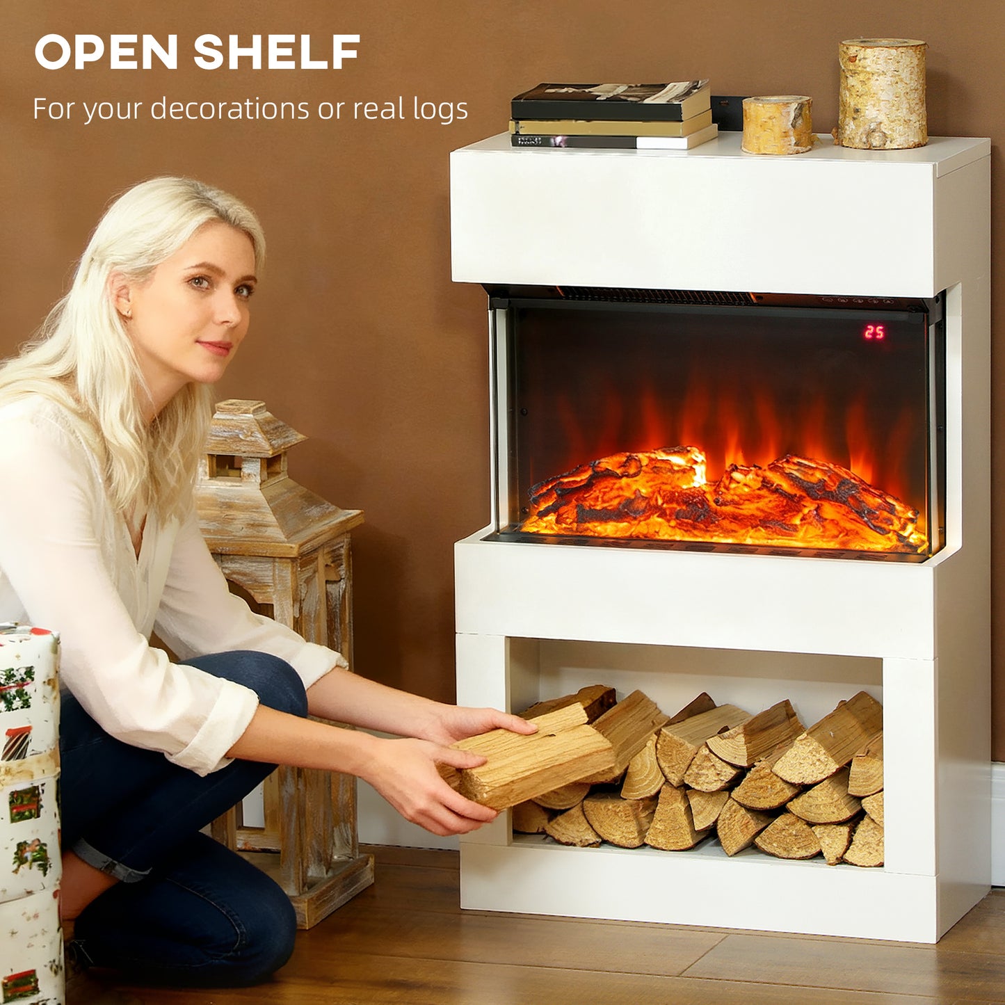 HOMCOM 19 Inch Electric Fireplace With Surround Mantel 3D Flame 1000W 2000W White Remote Timer 3 Sided View