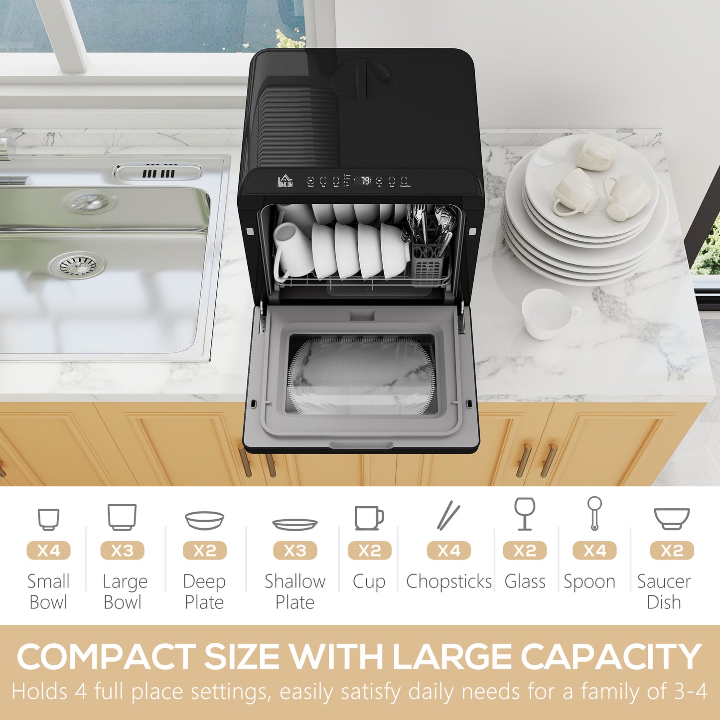 HOMCOM Table Top Dishwasher With Built In 6L Water Tank Mini Countertop 6 Programs 4 Place Settings Black