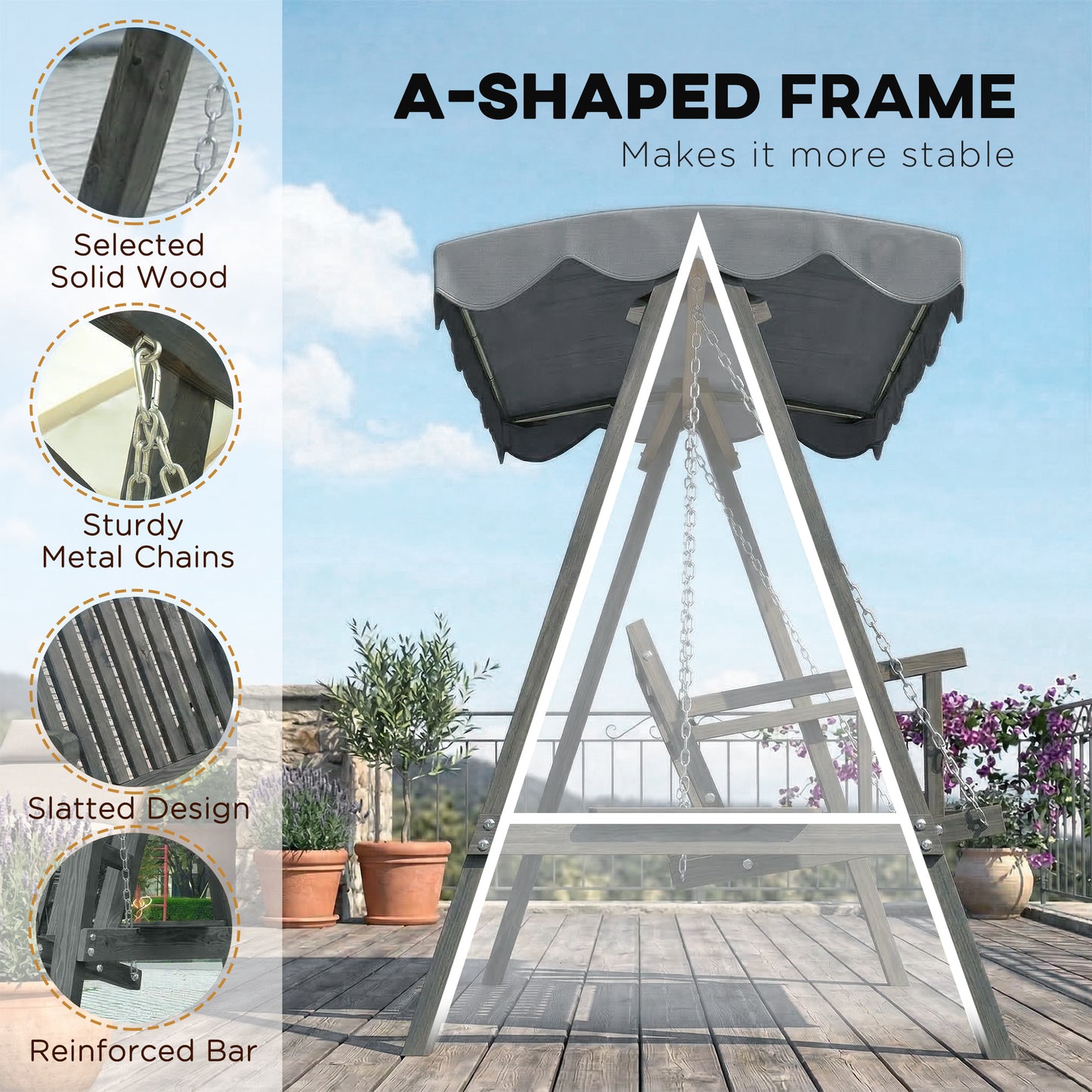 Outsunny 3 Seater Garden Swing Chair with Canopy Outdoor Wooden Swing Seat for Balcony Patio Porch Grey