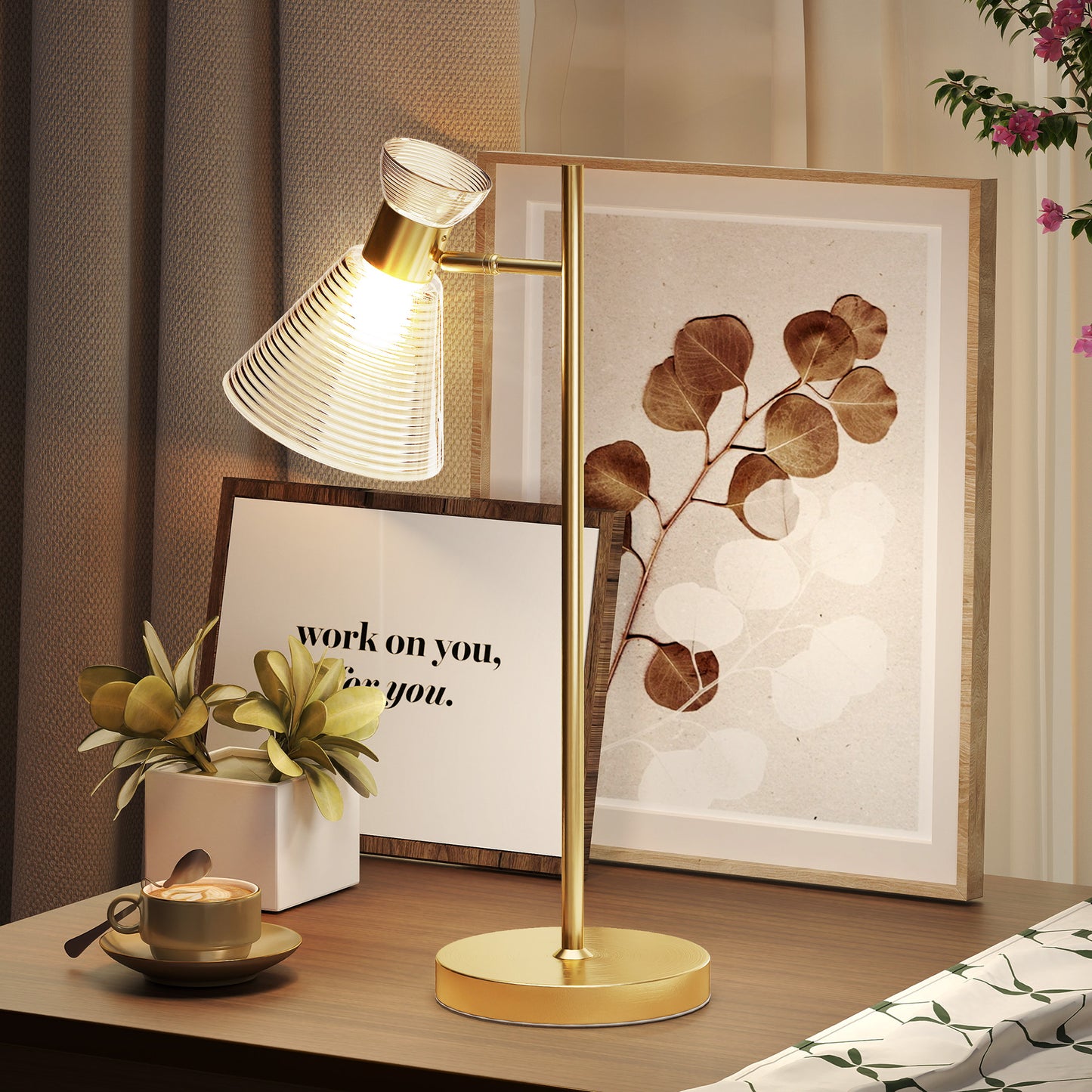 HOMCOM Modern Table Lamp Bedside Lamp With Adjustable Flower Shaped Head E27 Socket Gold Tone For Living Room Bedroom