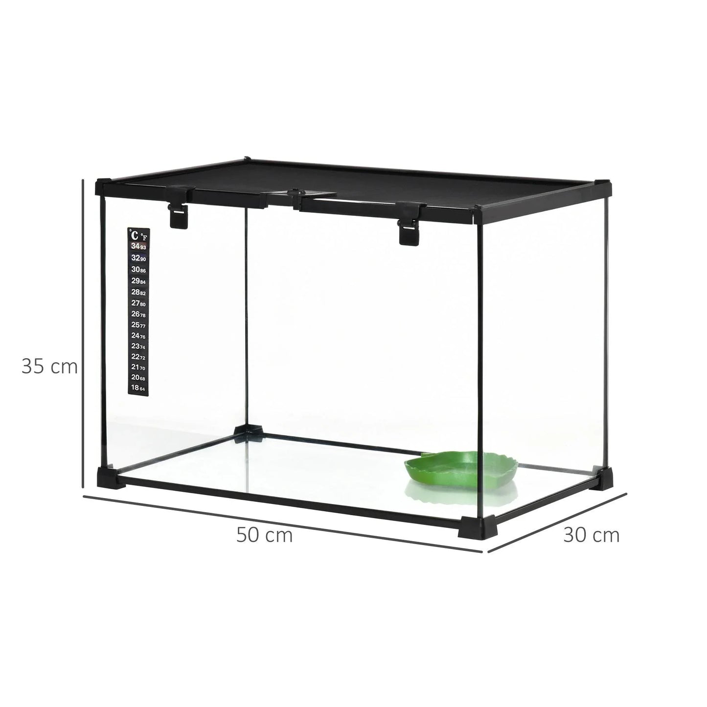 PawHut 50 x 30 x 35 cm Glass Reptile Habitat with Thermometer, Versatile Breeding Tank for Lizards, Frogs, and Snakes - Black - ALL4U RETAILER LTD