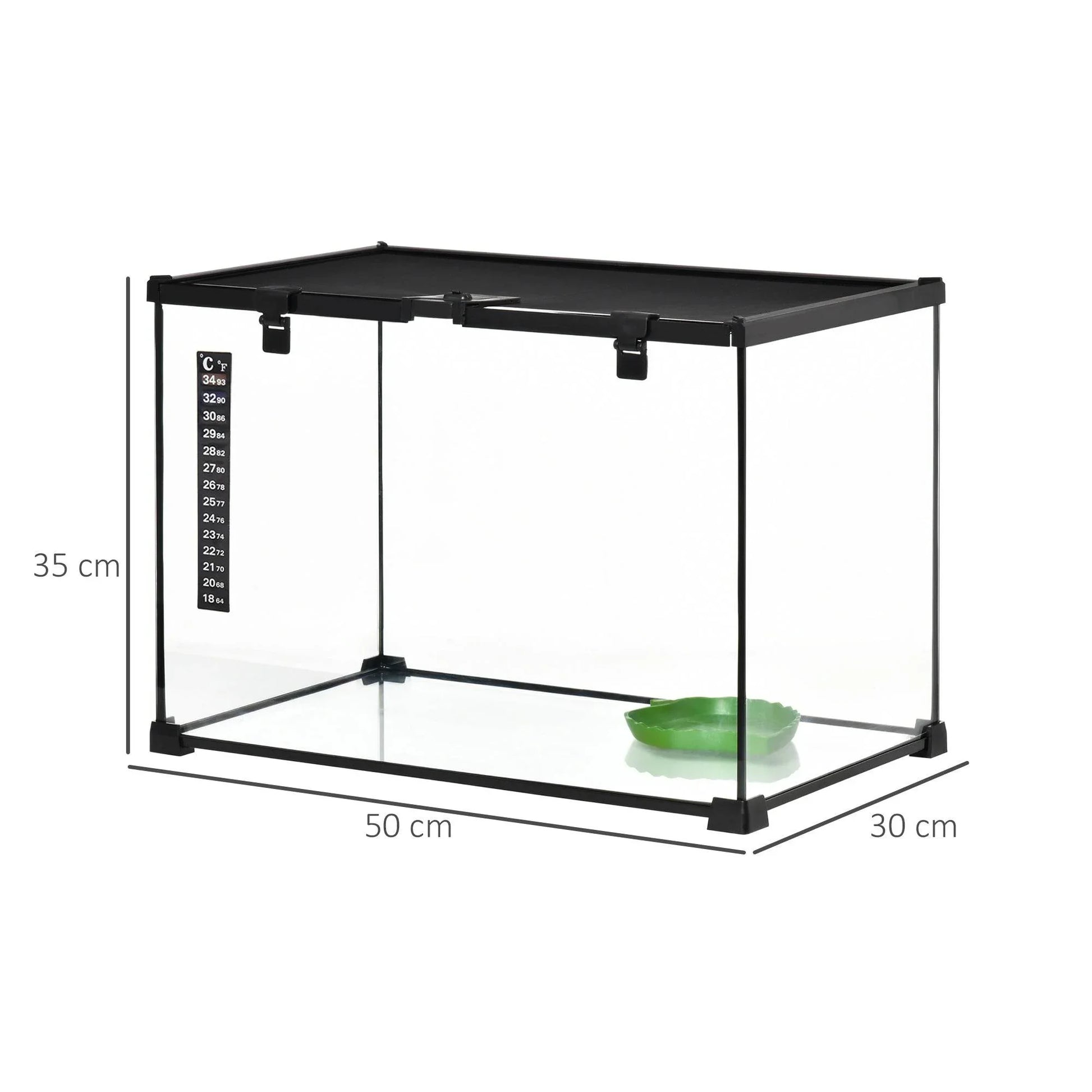 PawHut 50 x 30 x 35 cm Glass Reptile Habitat with Thermometer, Versatile Breeding Tank for Lizards, Frogs, and Snakes - Black - ALL4U RETAILER LTD