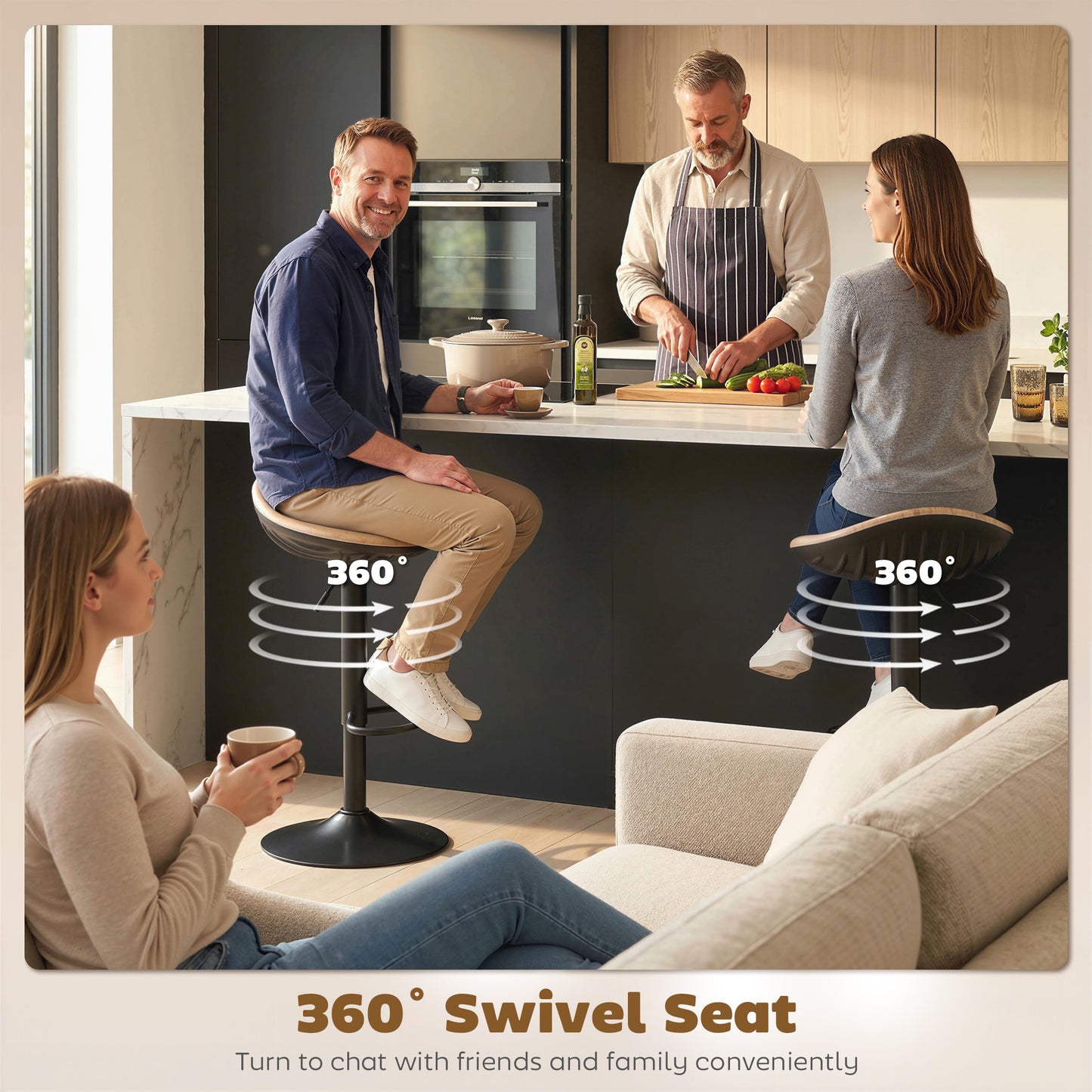 HOMCOM Set Of 2 Bar Stools PU Leather Saddle Seat Height Adjustable Swivel Kitchen Chairs With Footrest Oak