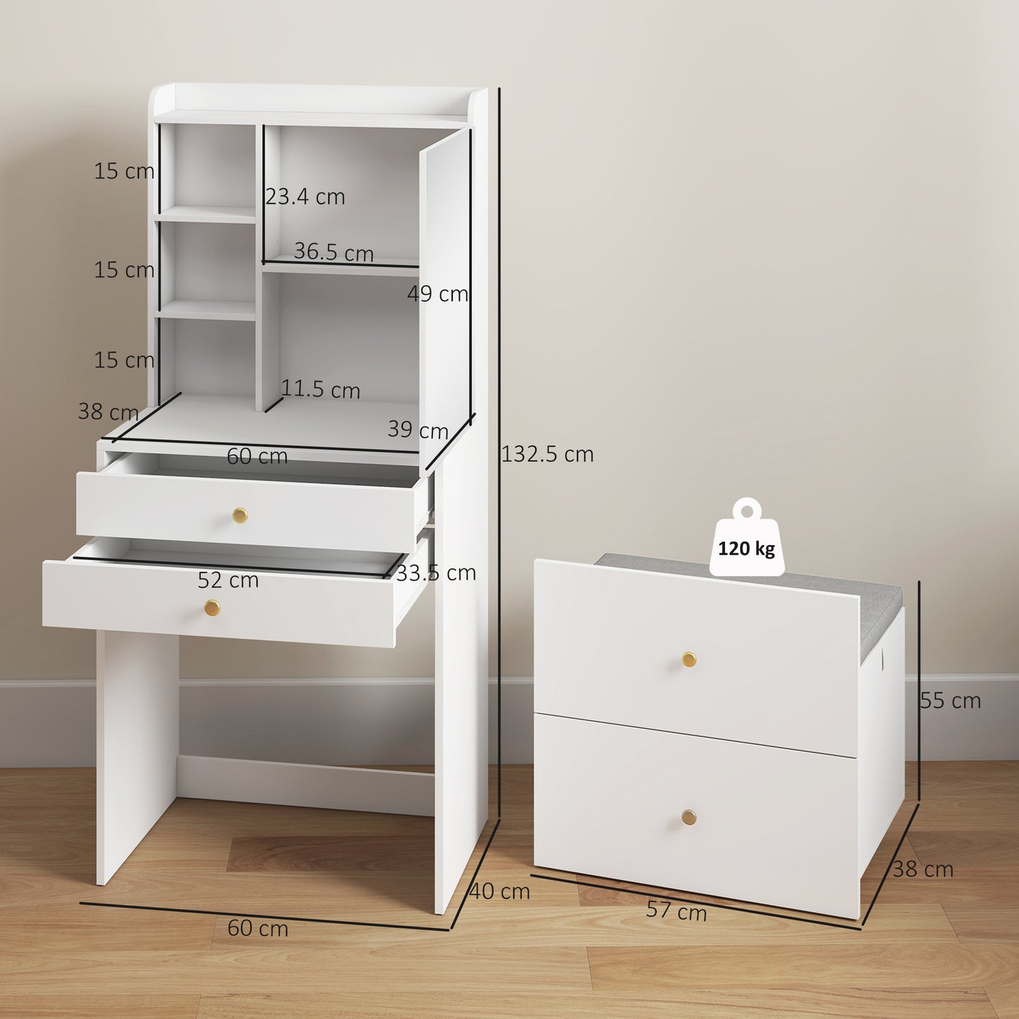 HOMCOM Dressing Table With Mirror And Storage Stool Compact Vanity Table With Cabinet Drawers And Open Shelves White