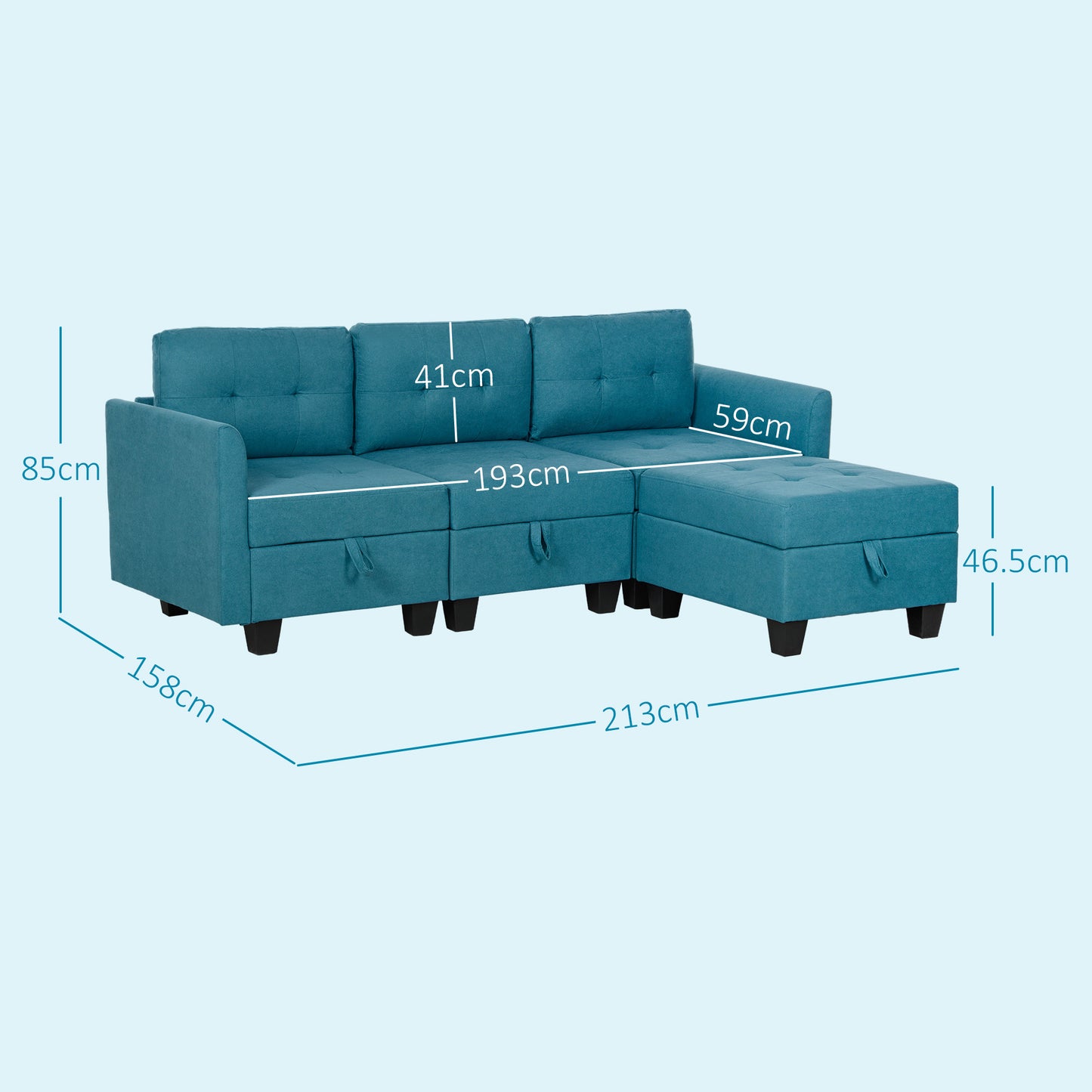 HOMCOM L Shape Modular Sofa With Storage Light Blue Corner Sofa Set For Living Room Flexible Layout