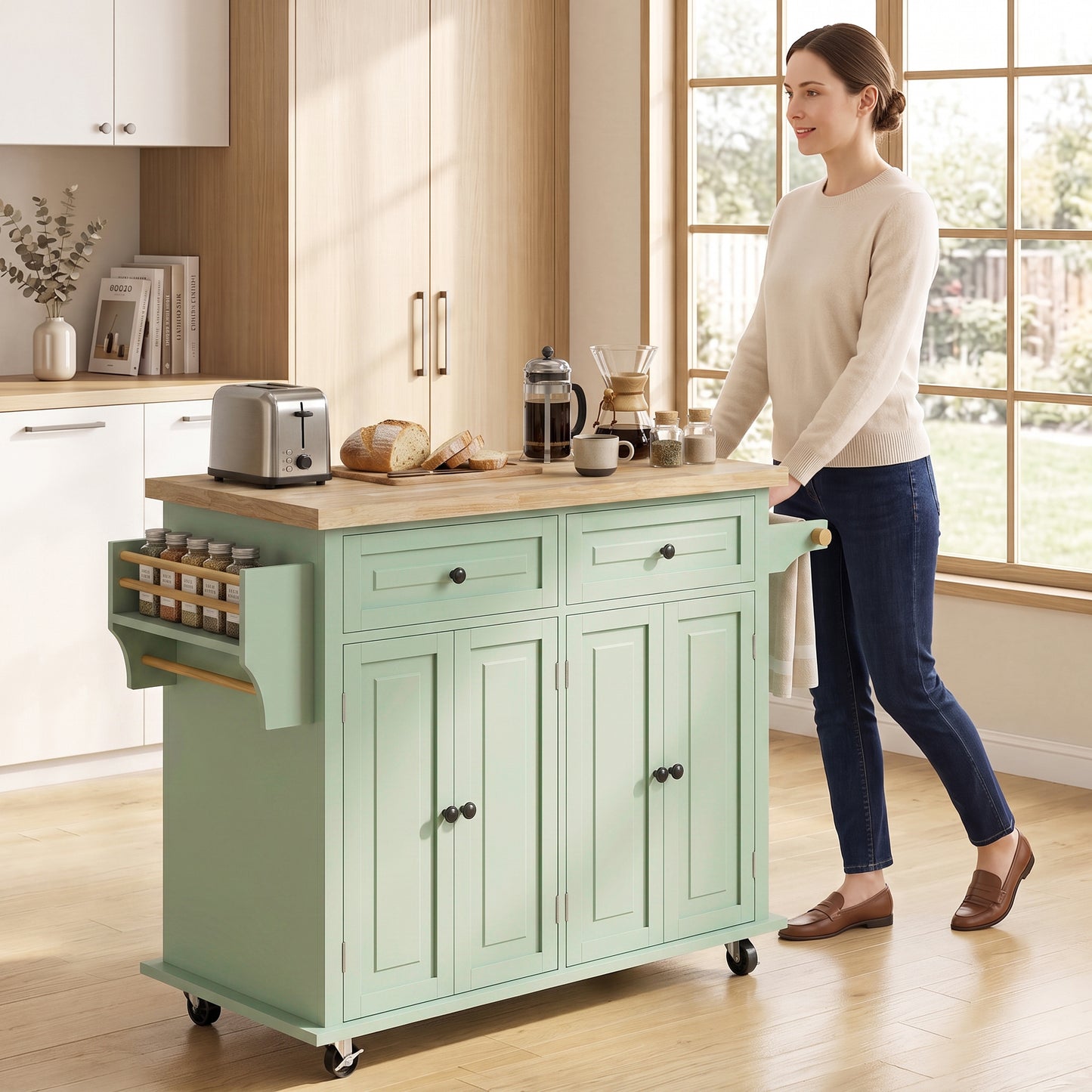 Homcom Rolling Kitchen Island Storage Cart With Rubber Wood Top Light Green