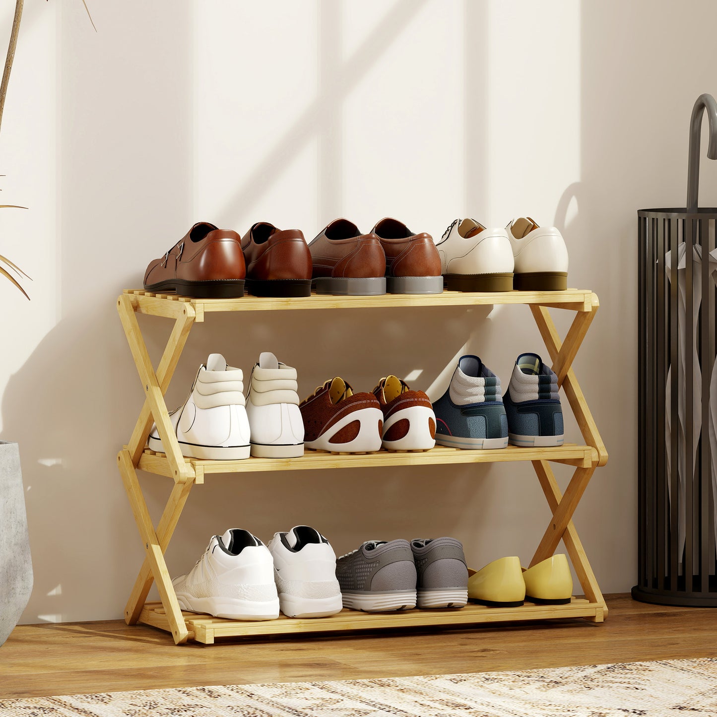 HOMCOM Three Tier Folding Bamboo Shoe Rack Natural Finish Holds Up To Nine Pairs Of Shoes And Boots