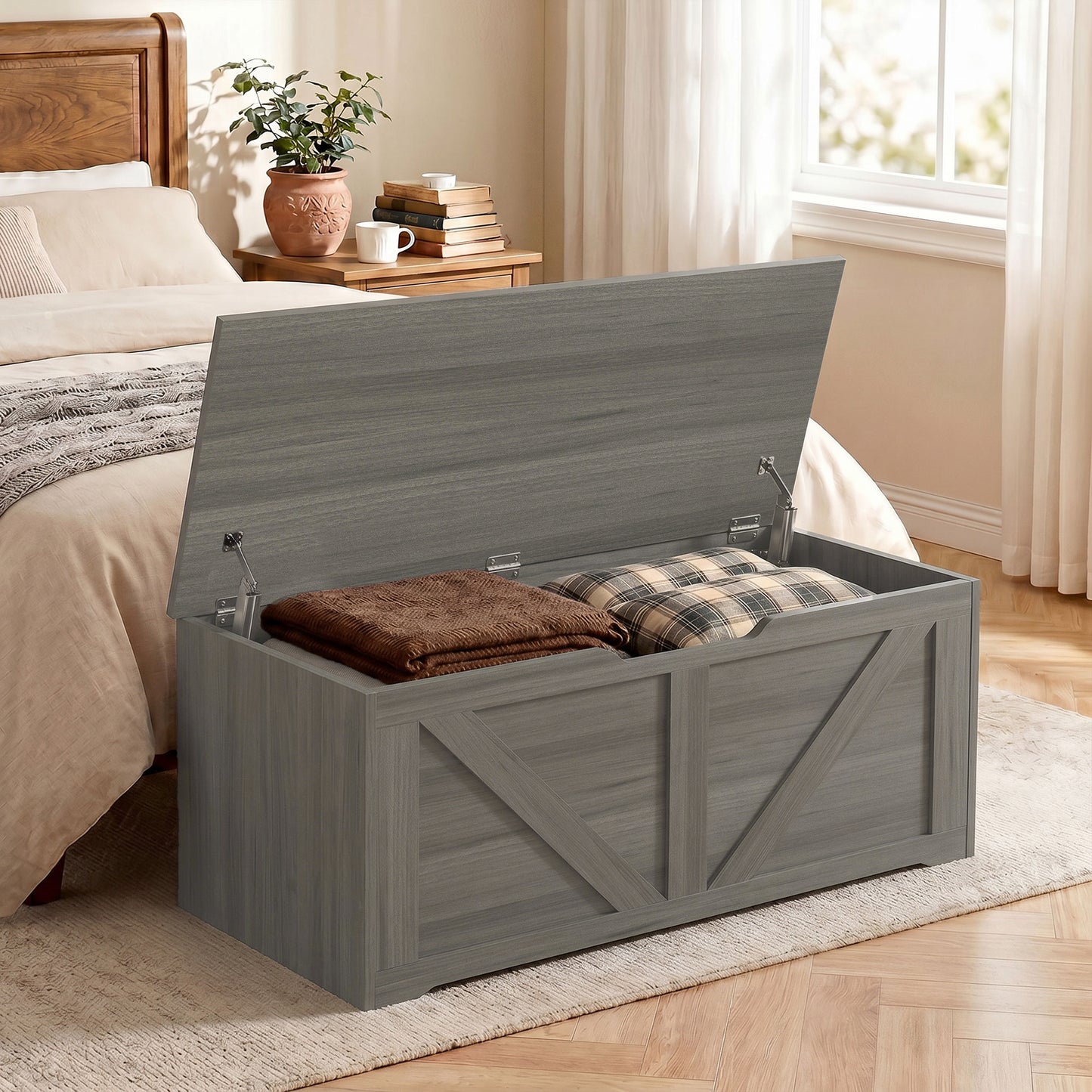 HOMCOM 127L Storage Chest With Safety Hinges And Seat Dark Grey Wood Effect For Living Room Or Bedroom