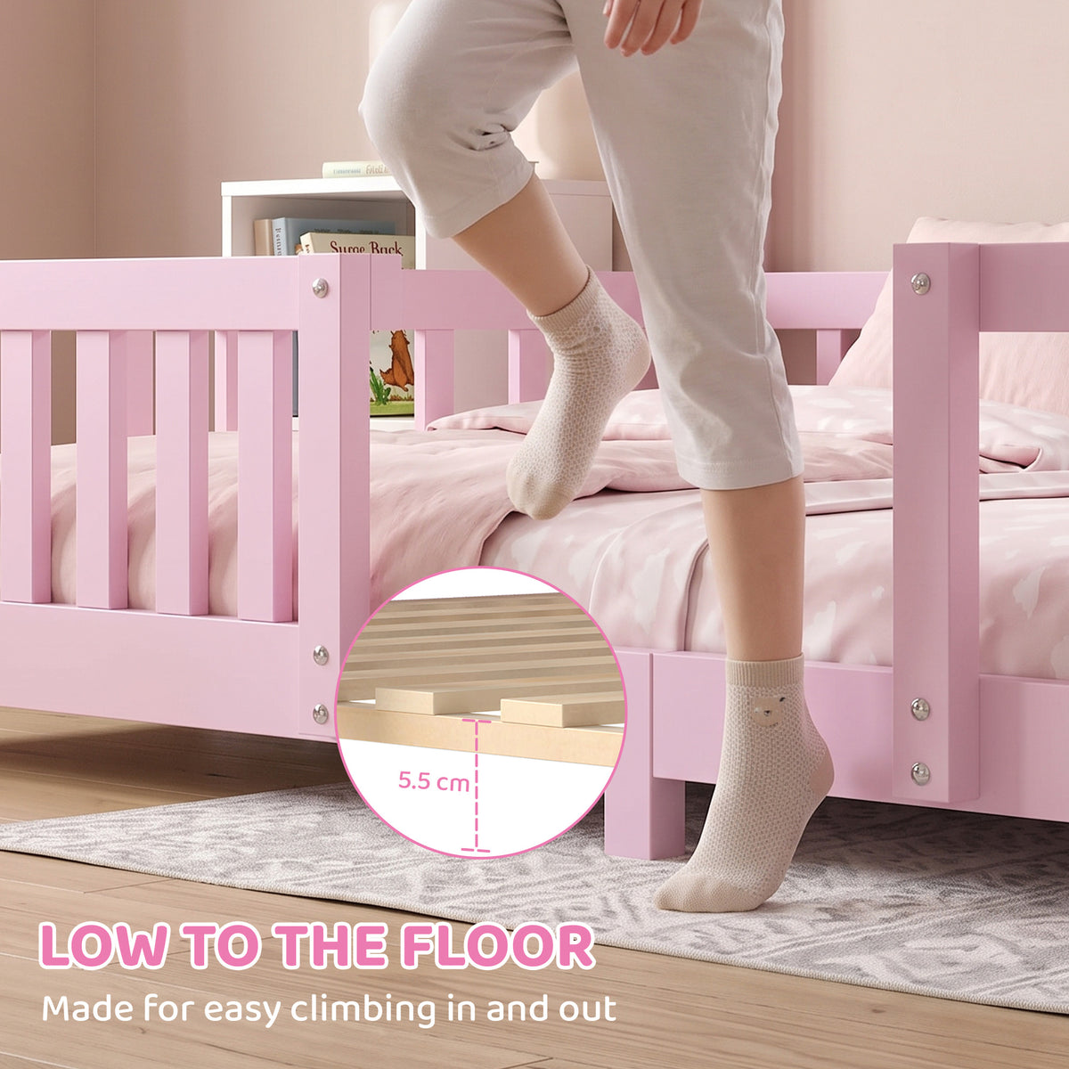 AIYAPLAY Pink Solid Pine House Bed Frame for Kids with Dual Guardrails