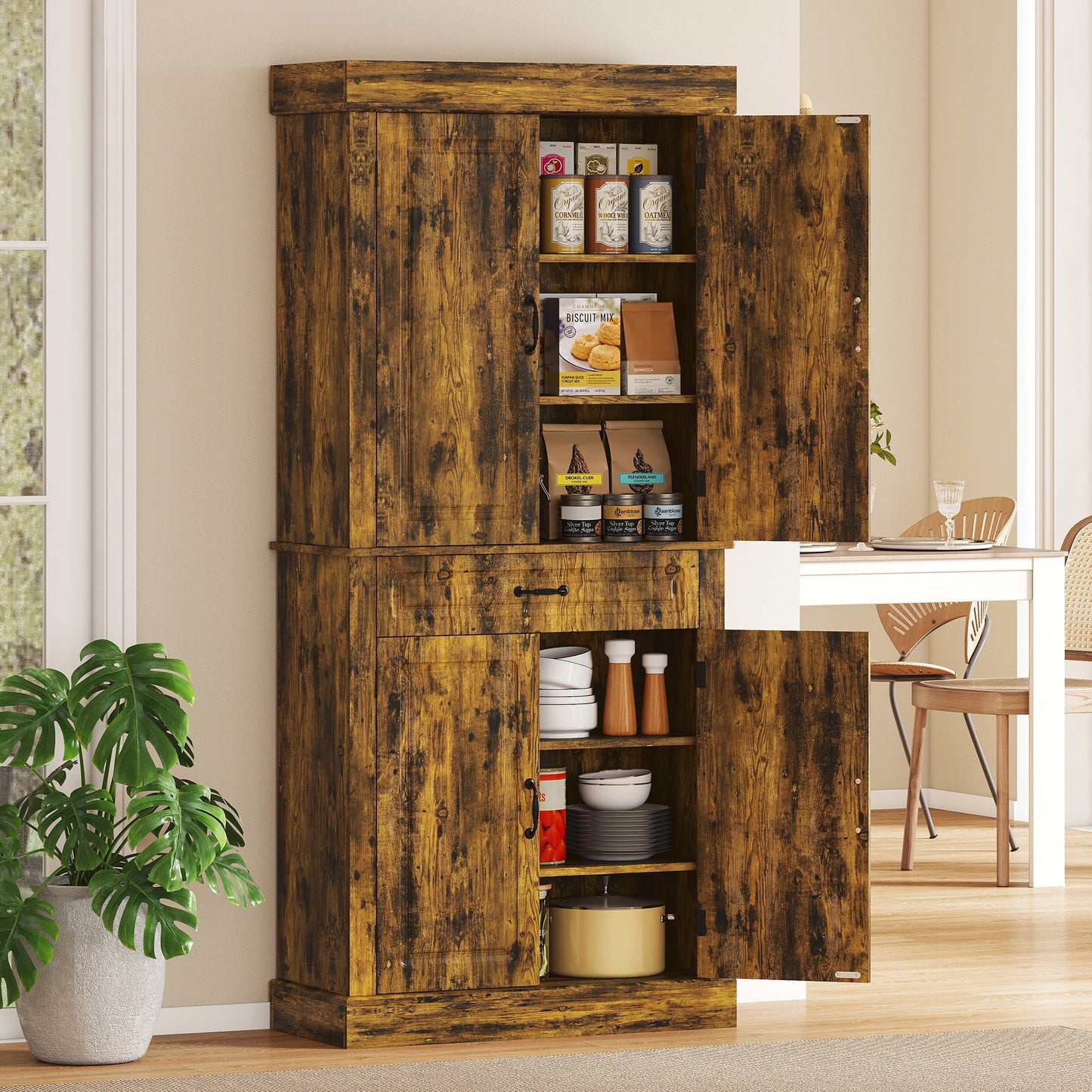 HOMCOM Tall Kitchen Cupboard Pantry Cabinet With Drawer And Shelves In Brown For Small Spaces
