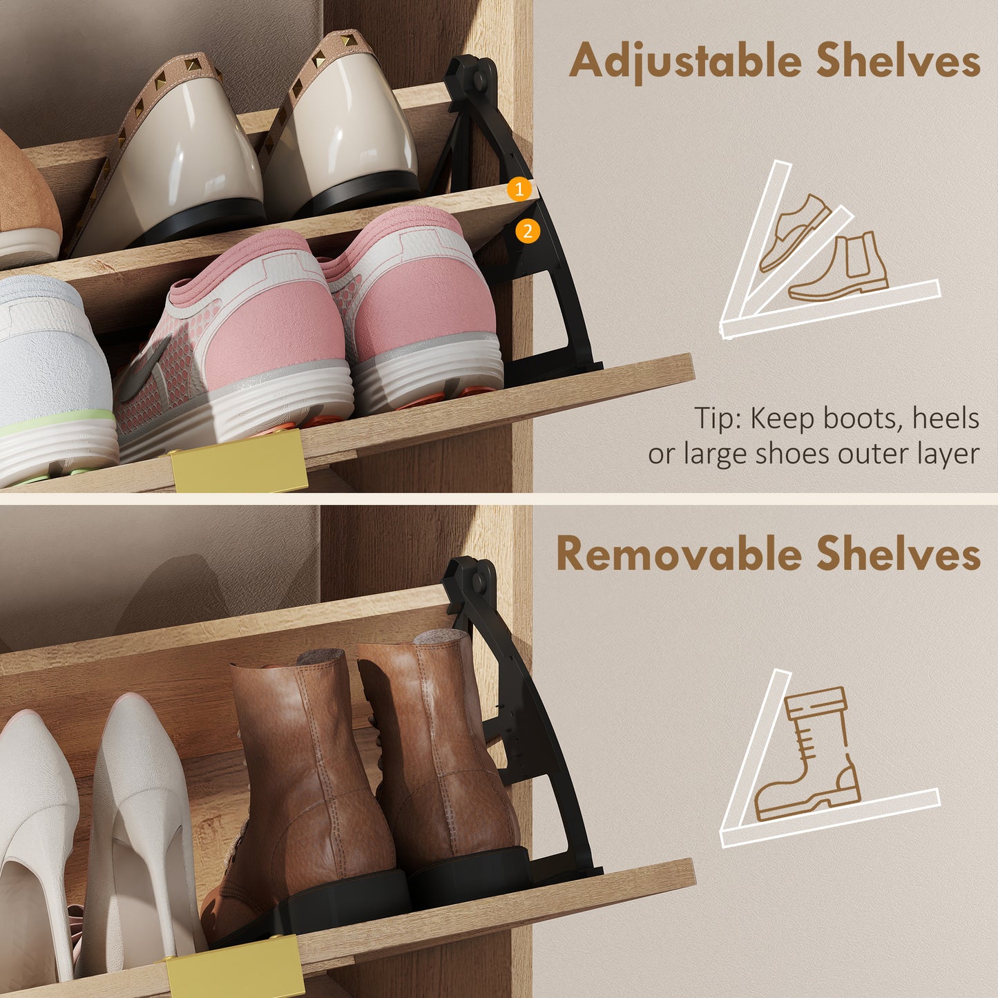 HOMCOM Walnut Brown Shoe Cabinet With 2 Flip Down Drawers Narrow Entryway Hallway Shoe Storage