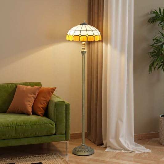 Tiffany Style Floor Lamp With Stained Glass Shade 152cm Tall Bronze Tone Orange Foot Switch Dual Sockets Living Room