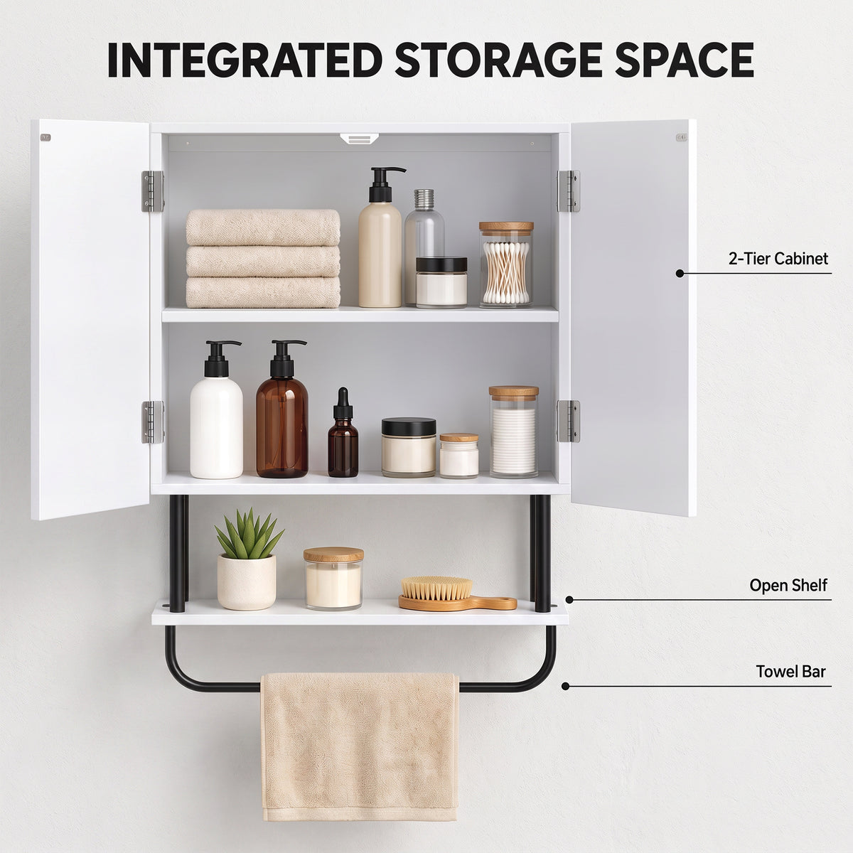 White wall bathroom cabinet with double doors open, interior shelves, and black towel bar