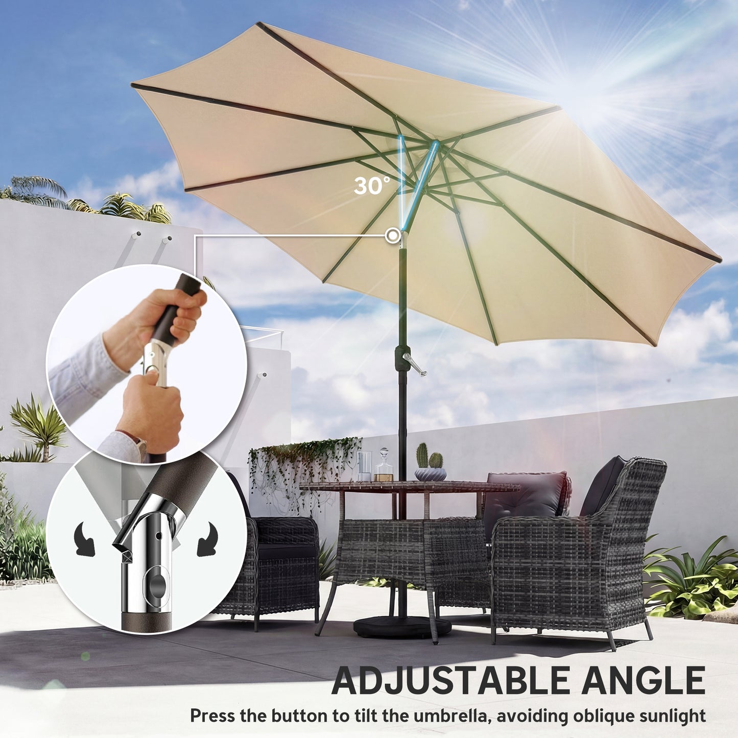 Outsunny 2.7m Garden Parasol Umbrella With Cross Base And Sandbag Retractable Ribs Outdoor Table Market Umbrella Khaki
