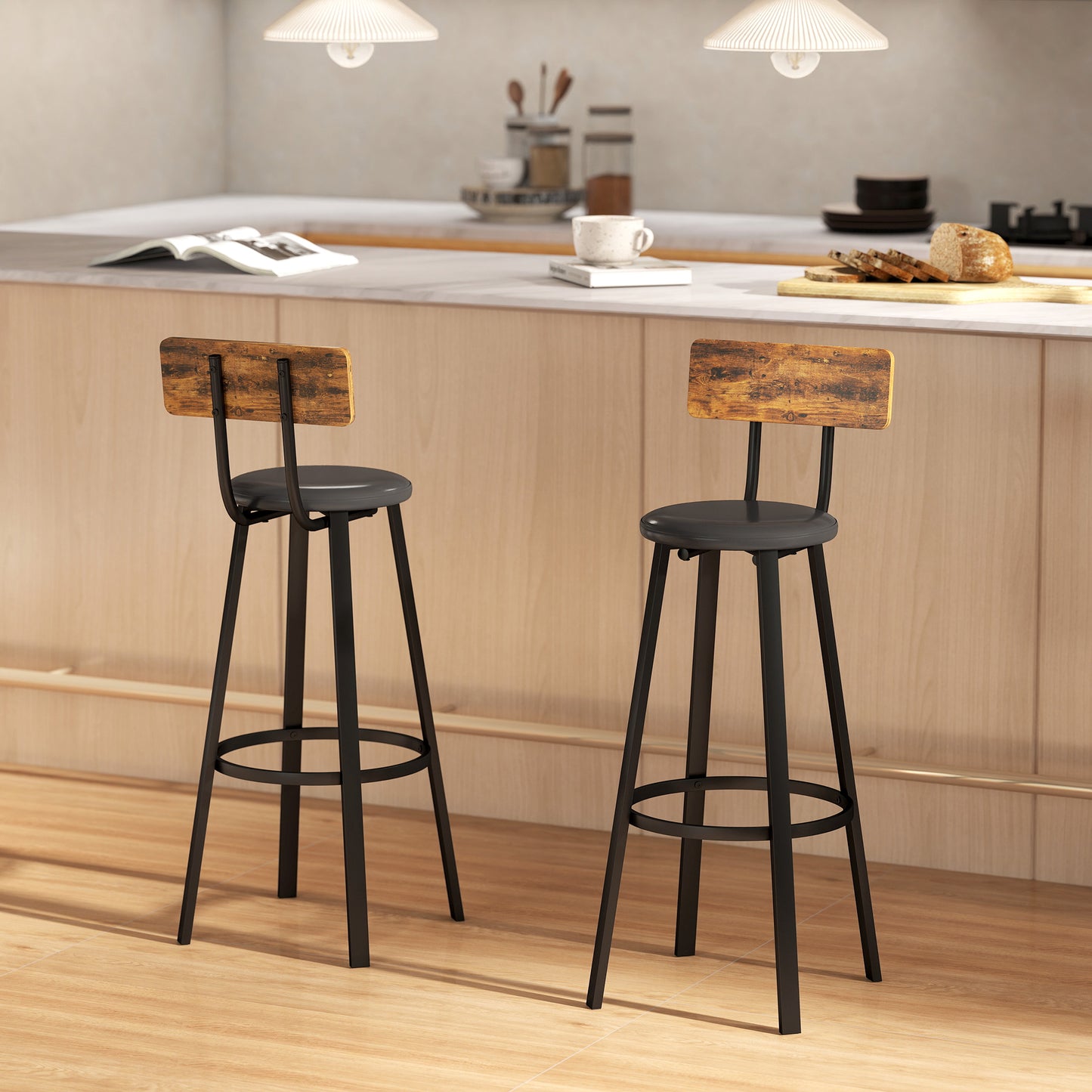 HOMCOM Set Of Two Industrial Style Bar Stools Black Metal Frames Dark Wood Back Panels For 104 To 109 Cm Countertops