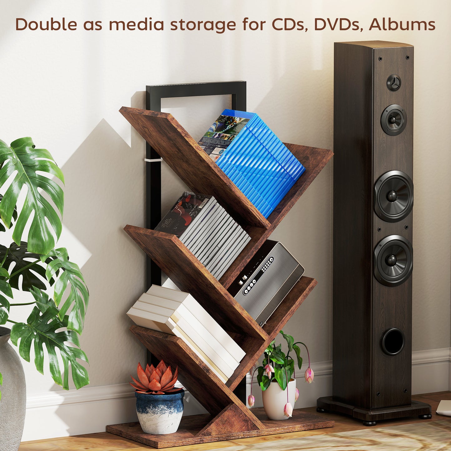 HOMCOM Four Section Tree Bookcase Wood Effect With Steel Frame And Particle Board Core For Books And Magazines