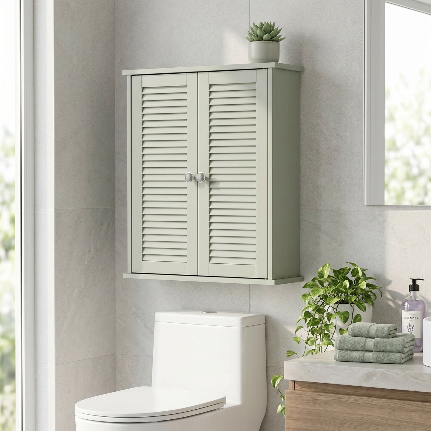 HOMCOM Bathroom Wall Cabinet With Louvered Doors And Adjustable Shelf Storage Light Green