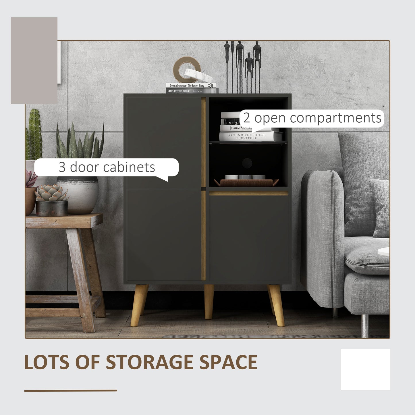 HOMCOM Storage Cabinet Sideboard Tempered Glass Adjustable Shelves Solid Wood Legs - ALL4U RETAILER LTD